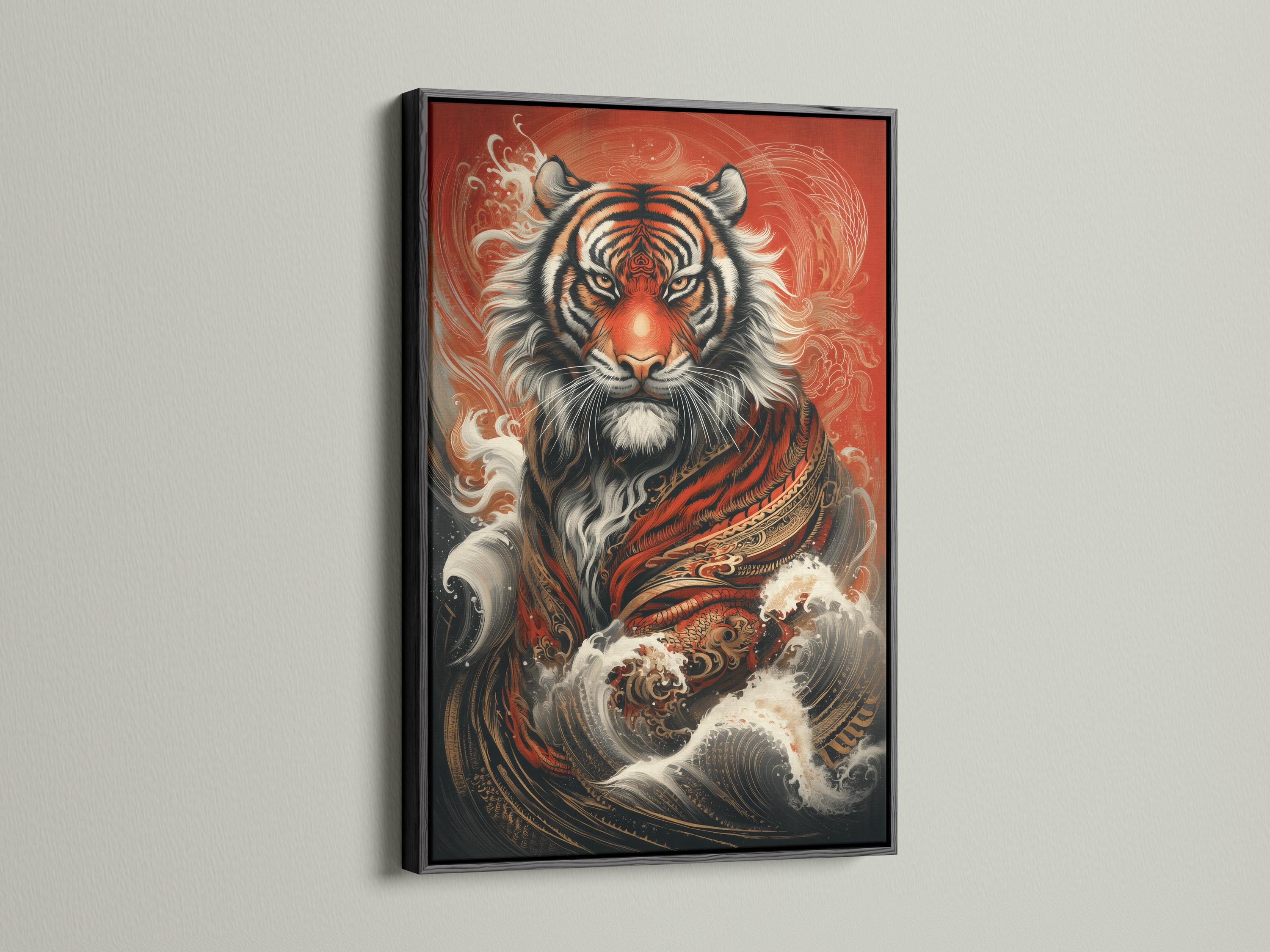 Tiger portrait artwork with red background, swirling wave designs, and gold and white highlights detail view