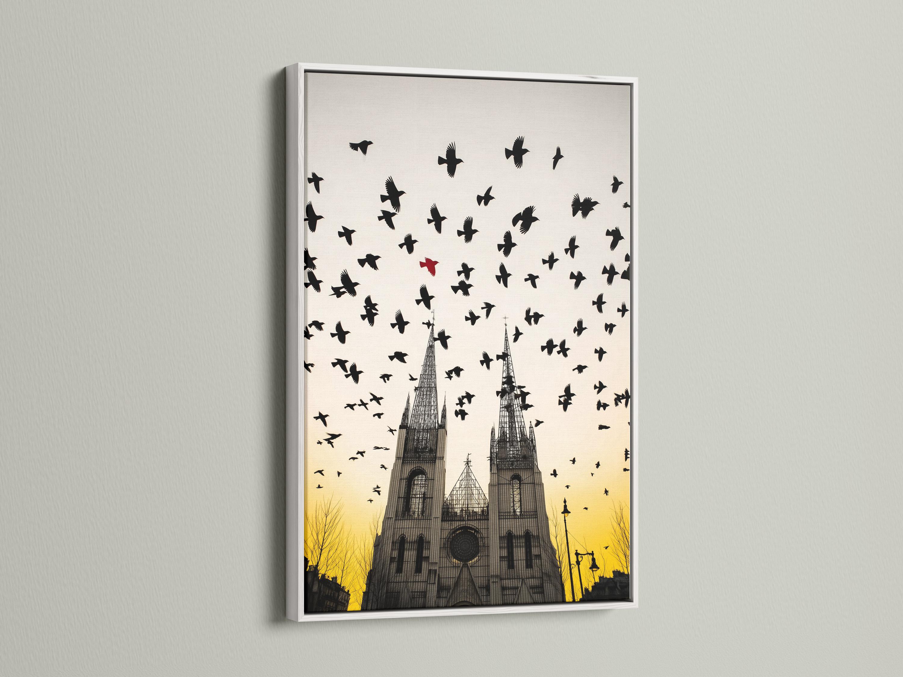 Gothic cathedral with silhouetted birds in flight above a warm ochre sunset sky detail view
