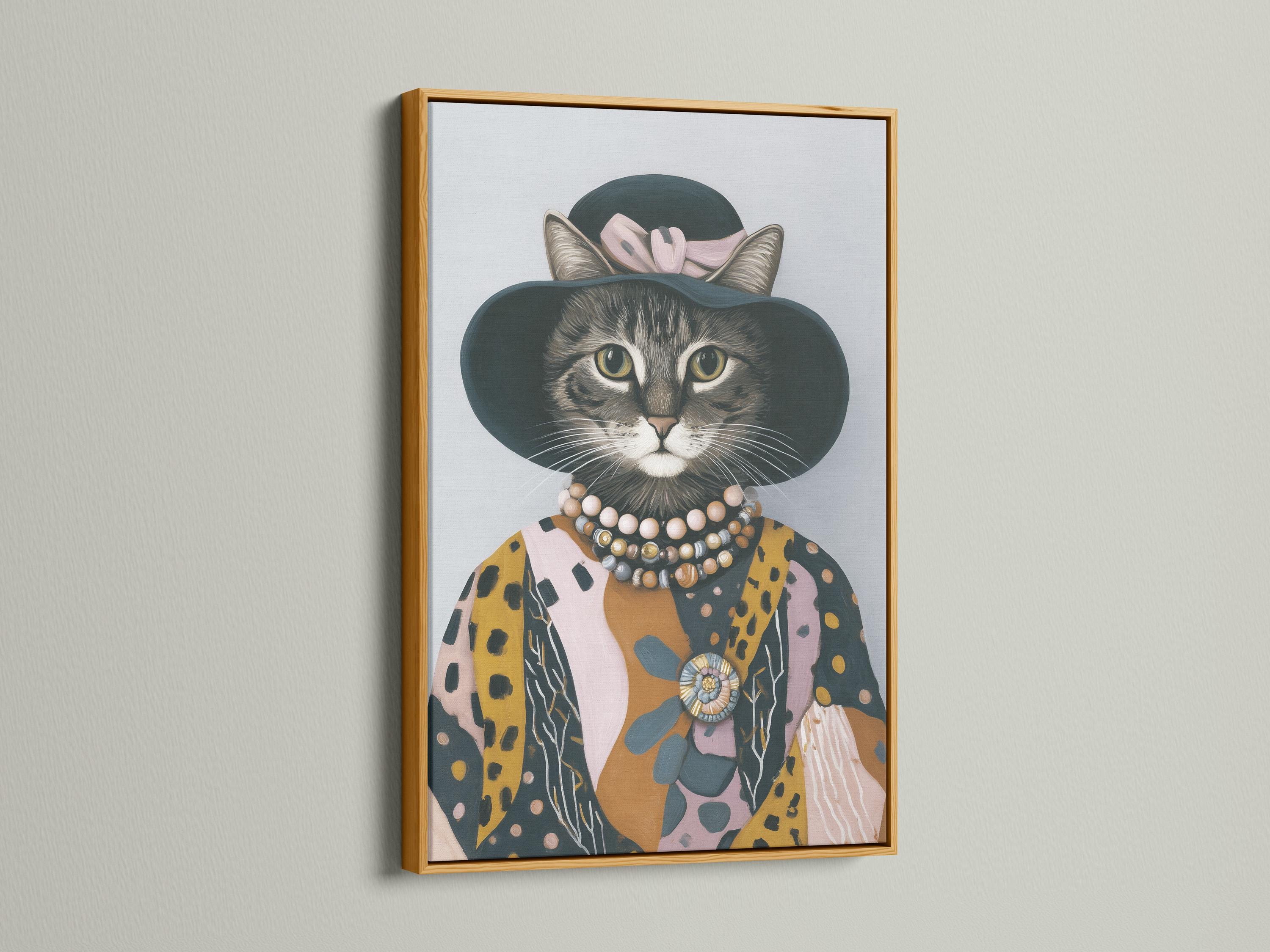 Stylised cat portrait with a dark hat, patterned coat, beaded collar and ornate brooch detail view