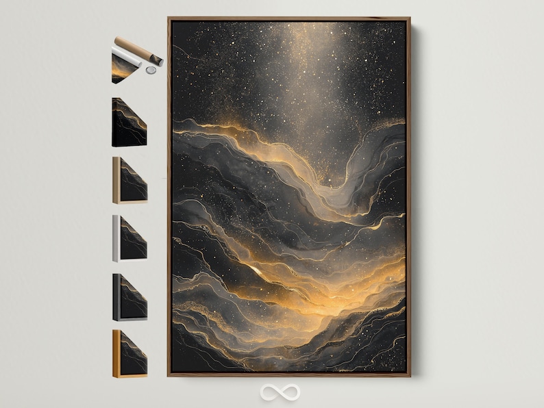 Black and gold abstract artwork with glowing vein-like lines and sparkling speckles
