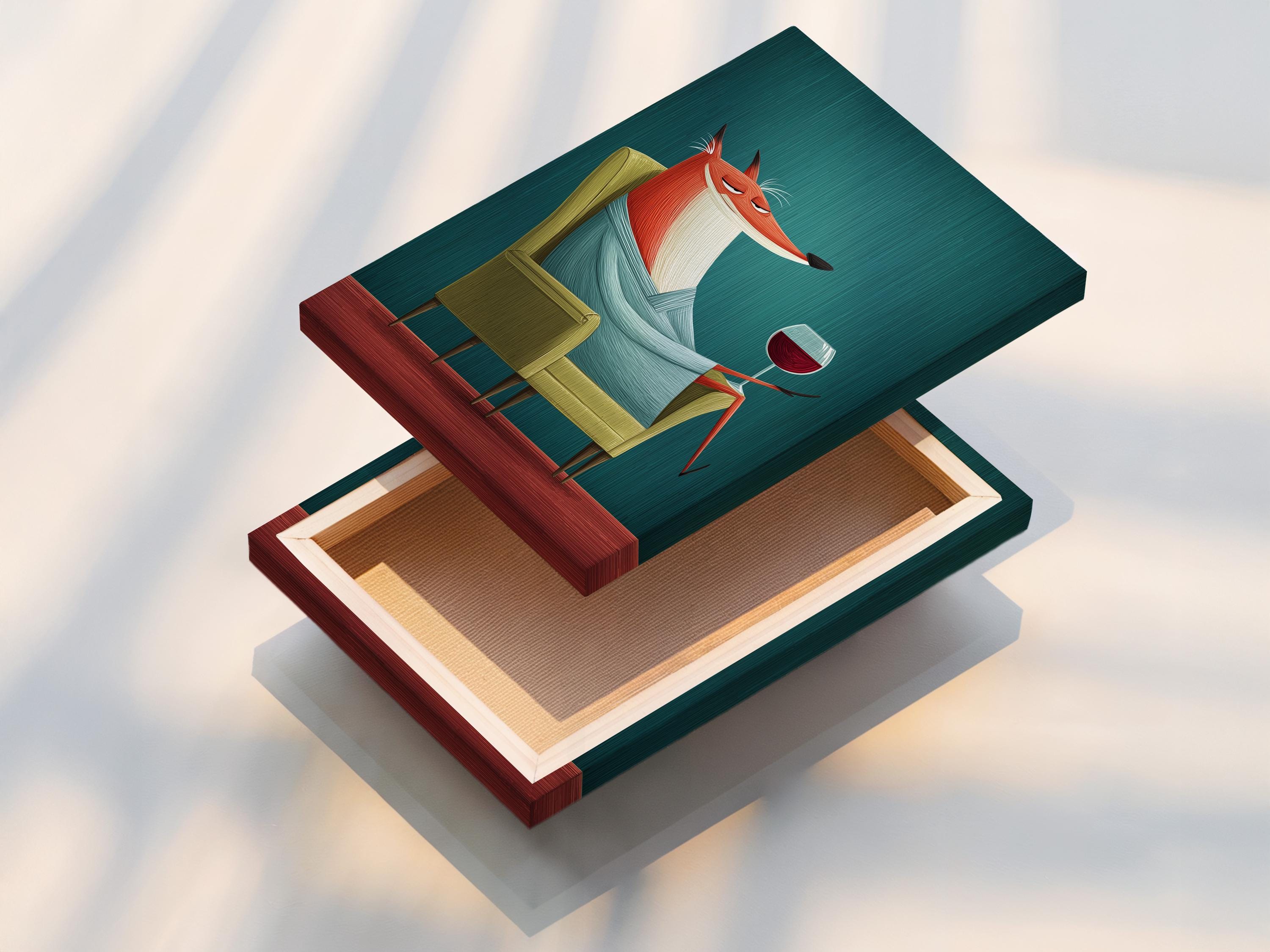 Fox wall art mockup showing a fox with a wine glass on a teal background