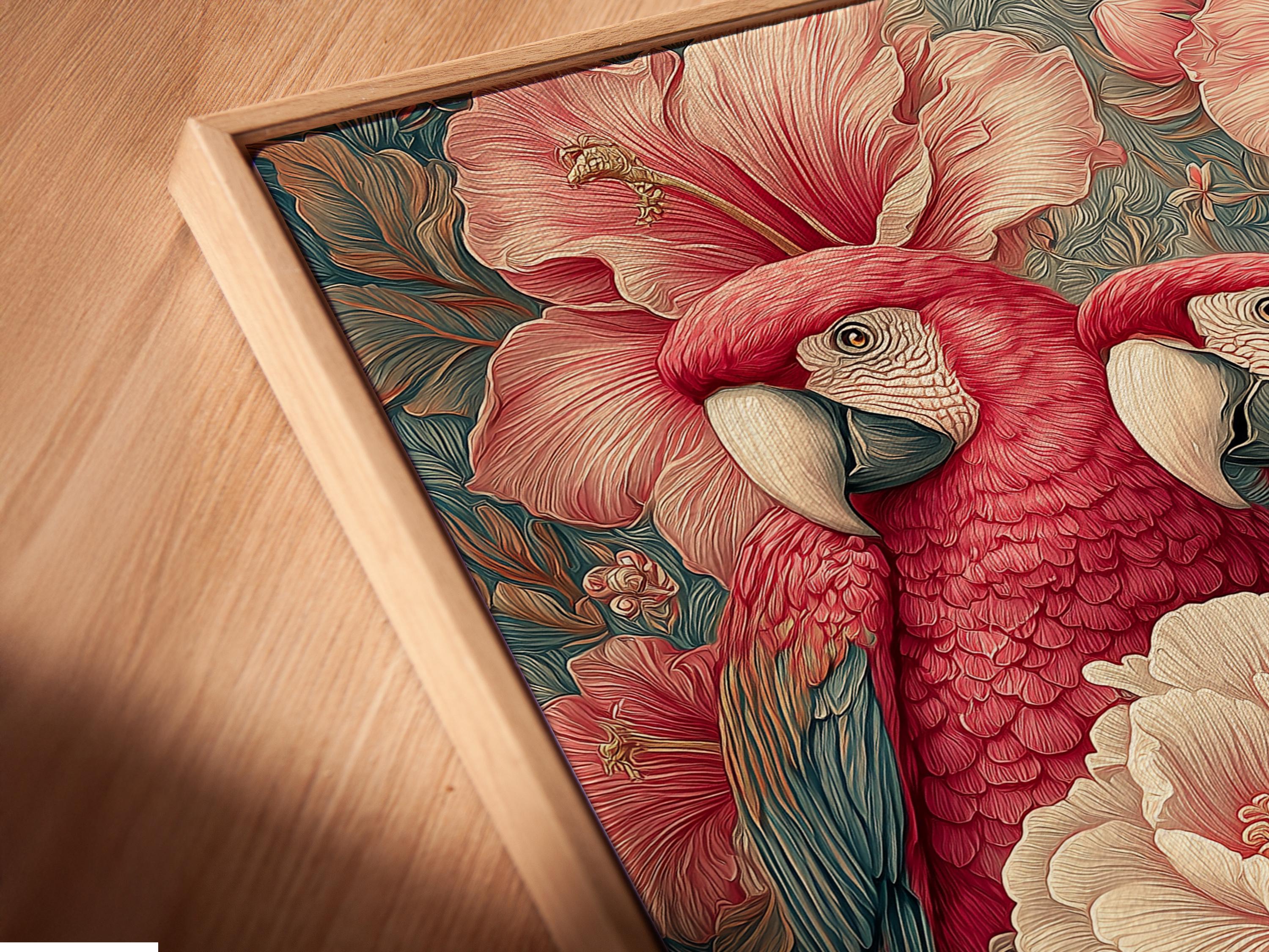 Two red parrots with pale beaks perched among pink and cream flowers and teal foliage detail view