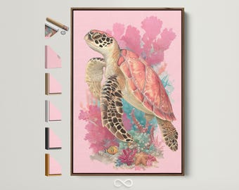 Sea Turtle Canvas Print - Pink Coral Ocean Wall Art, Coastal Bathroom Decor, Nautical Girl Nursery Artwork, Beach House Gift