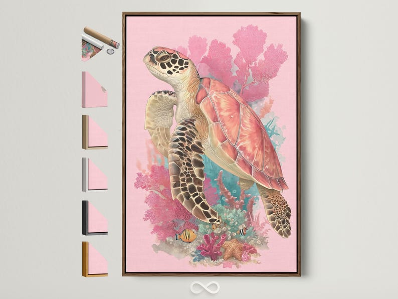 Sea turtle illustration swimming through pink coral reef with small fish