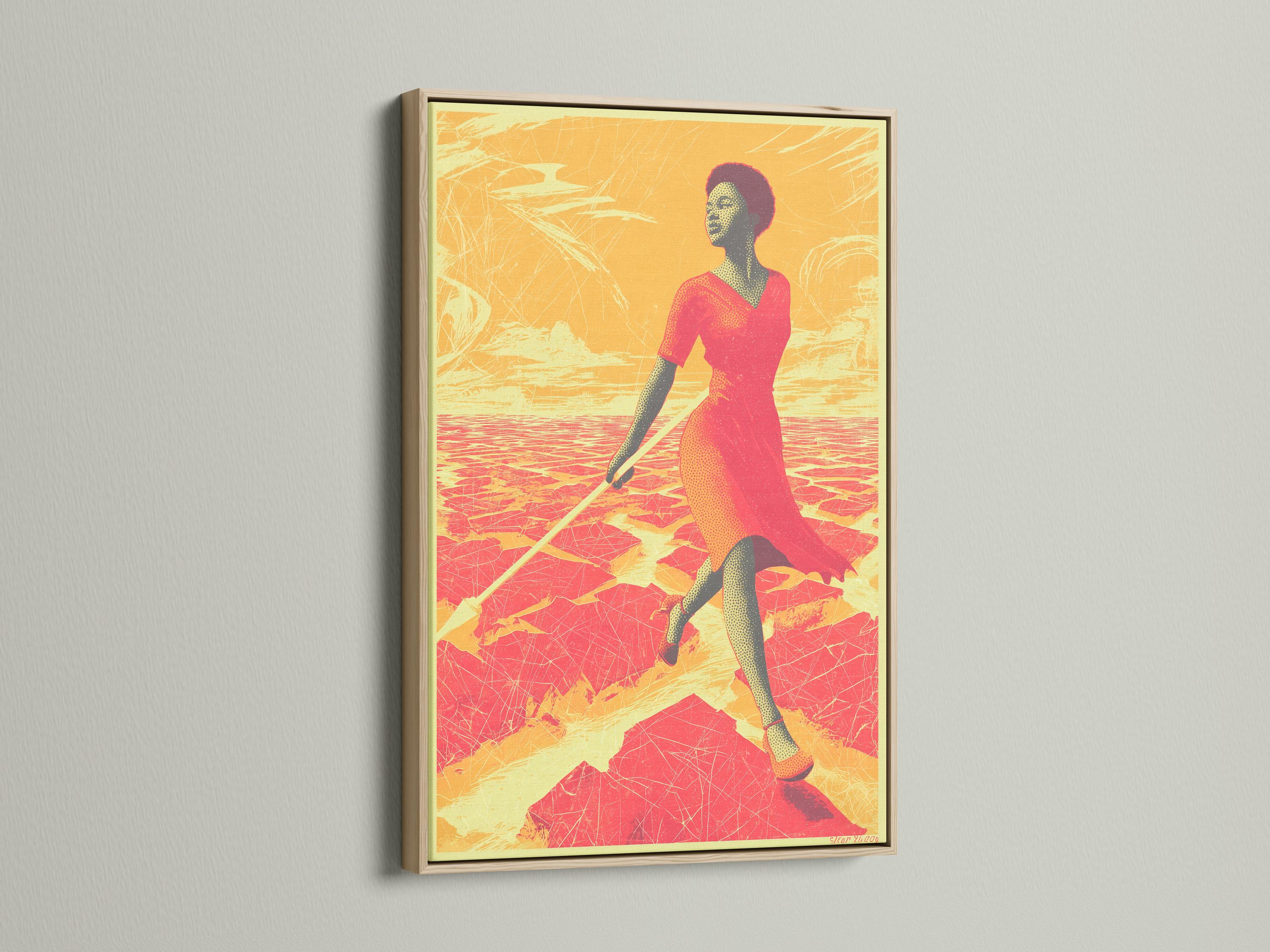 Red and gold desert scene with a woman in profile walking forward detail view