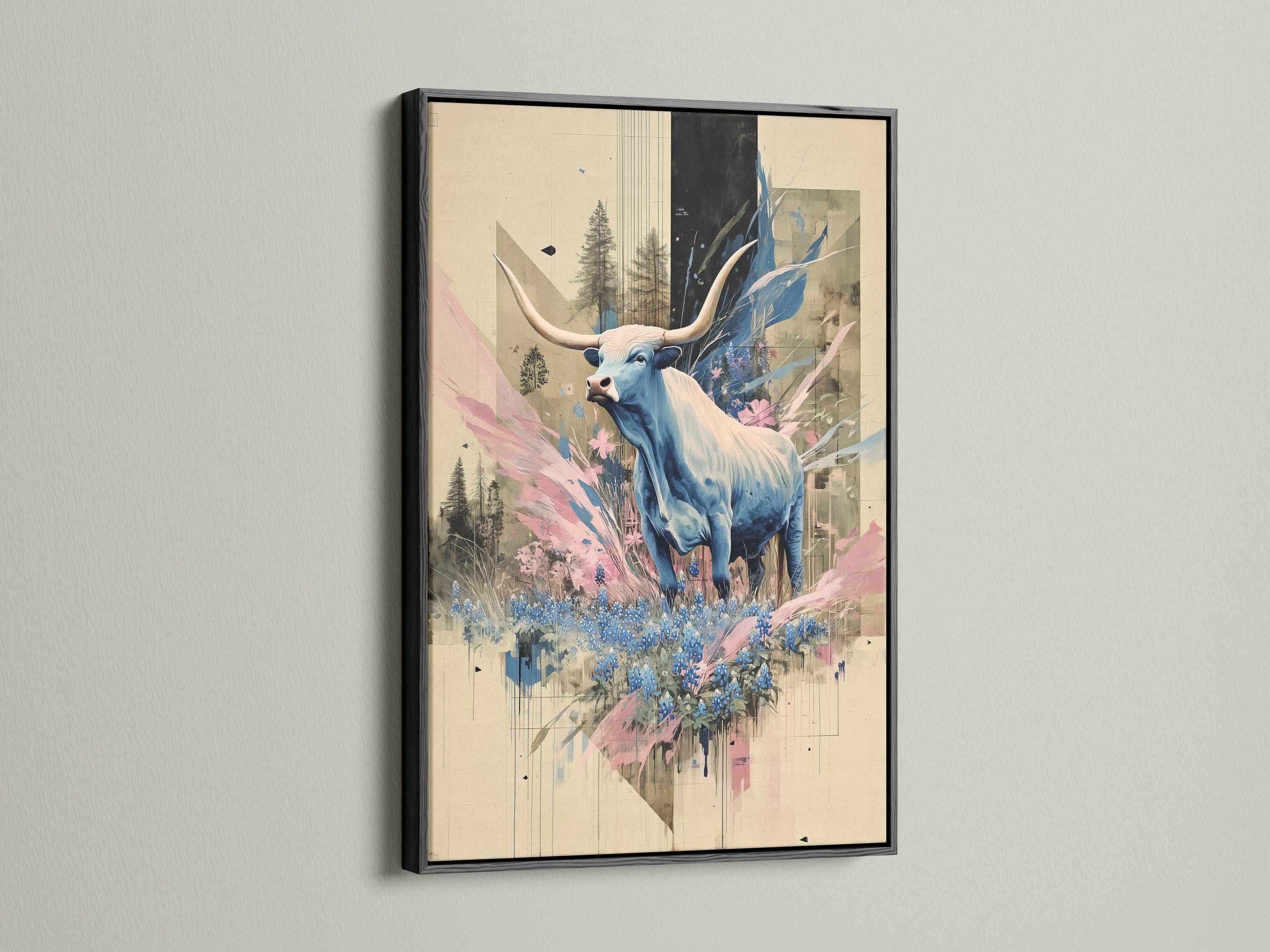 Stylised blue longhorn with horns and pink and blue flowers in a collage-like scene detail view