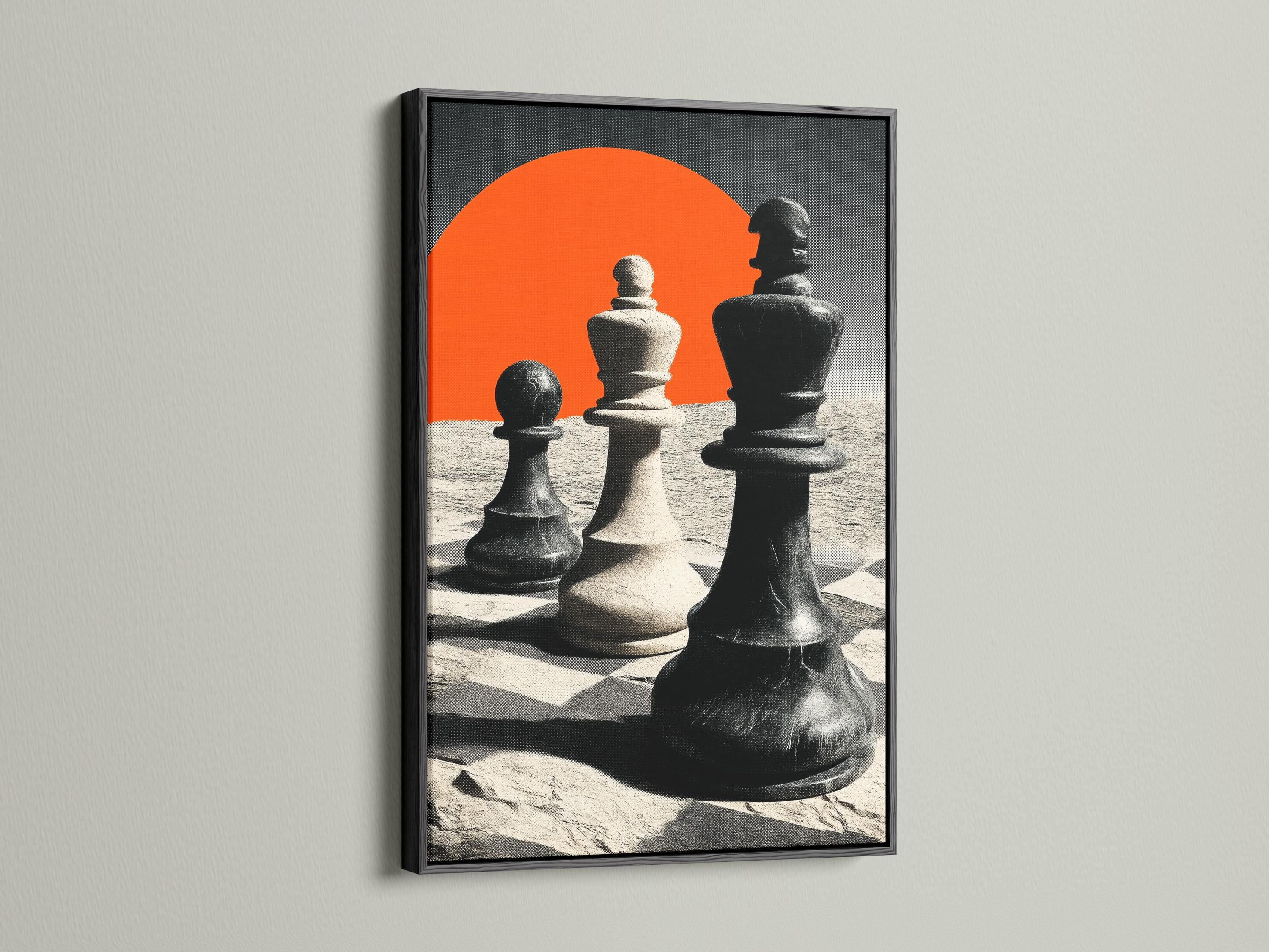 High-contrast chess pieces with an orange sun and monochrome sandy landscape background detail view