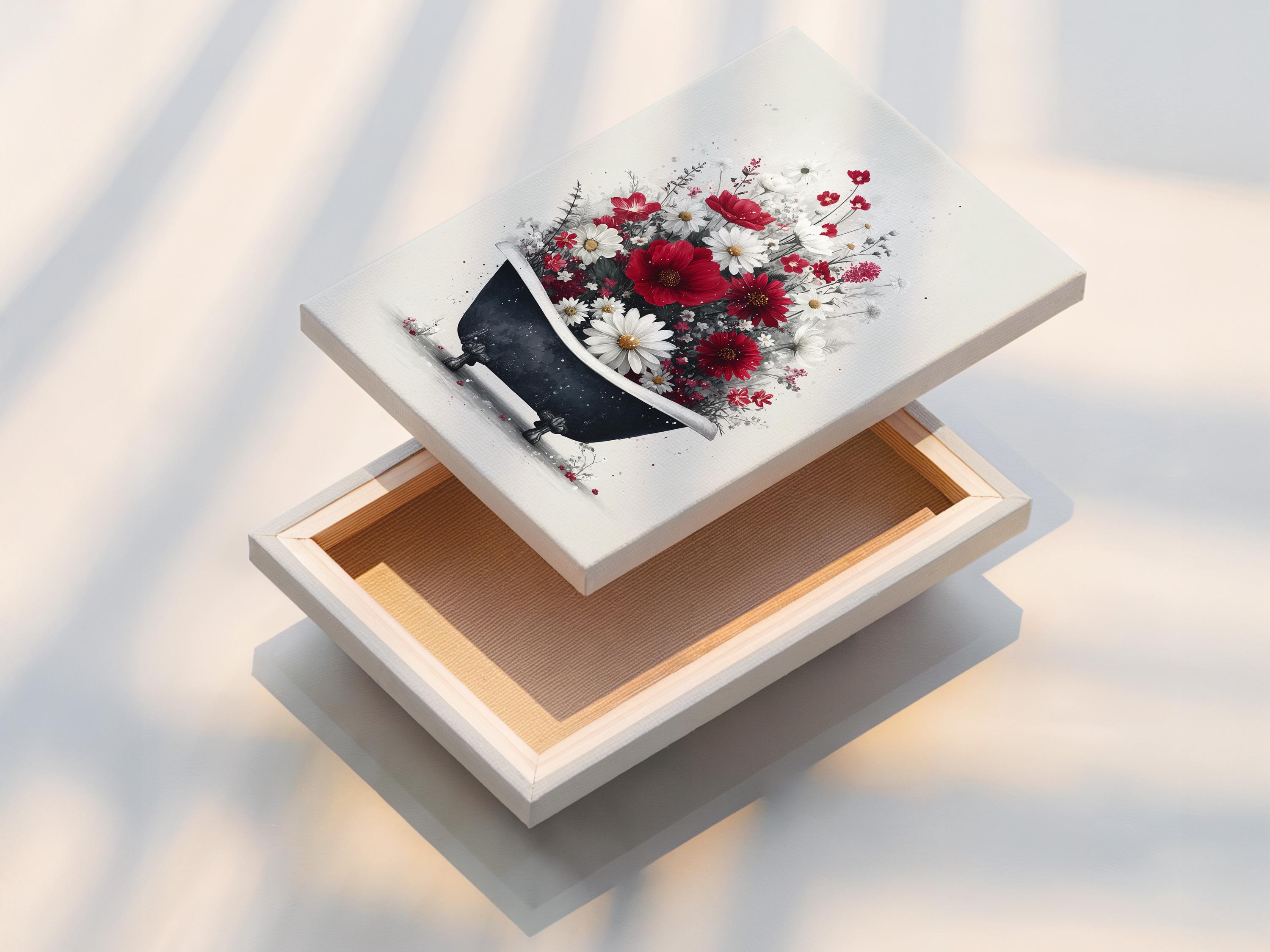 Vintage floral bathtub illustration with red and white flowers filling a dark bathtub detail view