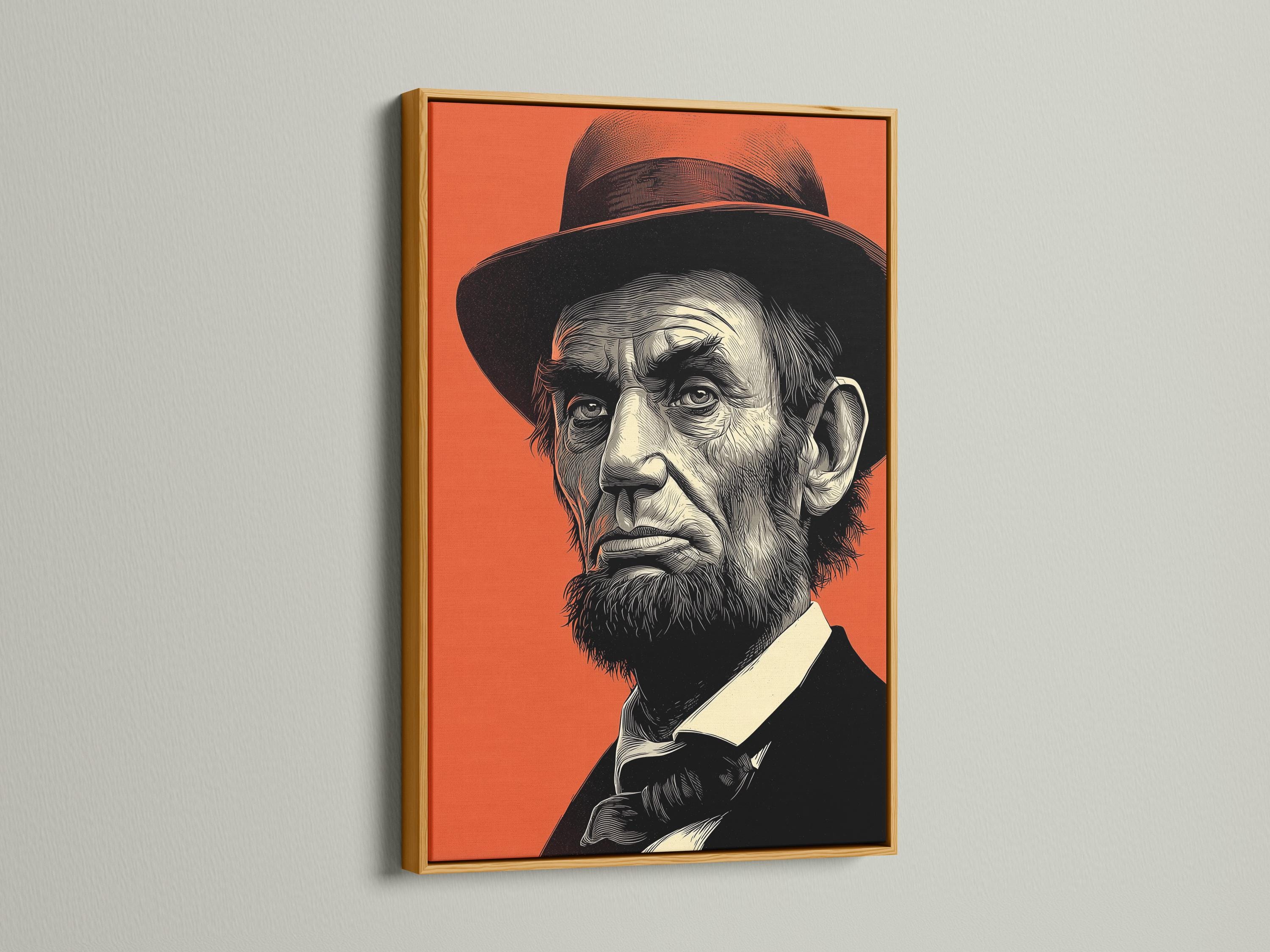 Mockup showing an orange and black engraved portrait artwork on a wall