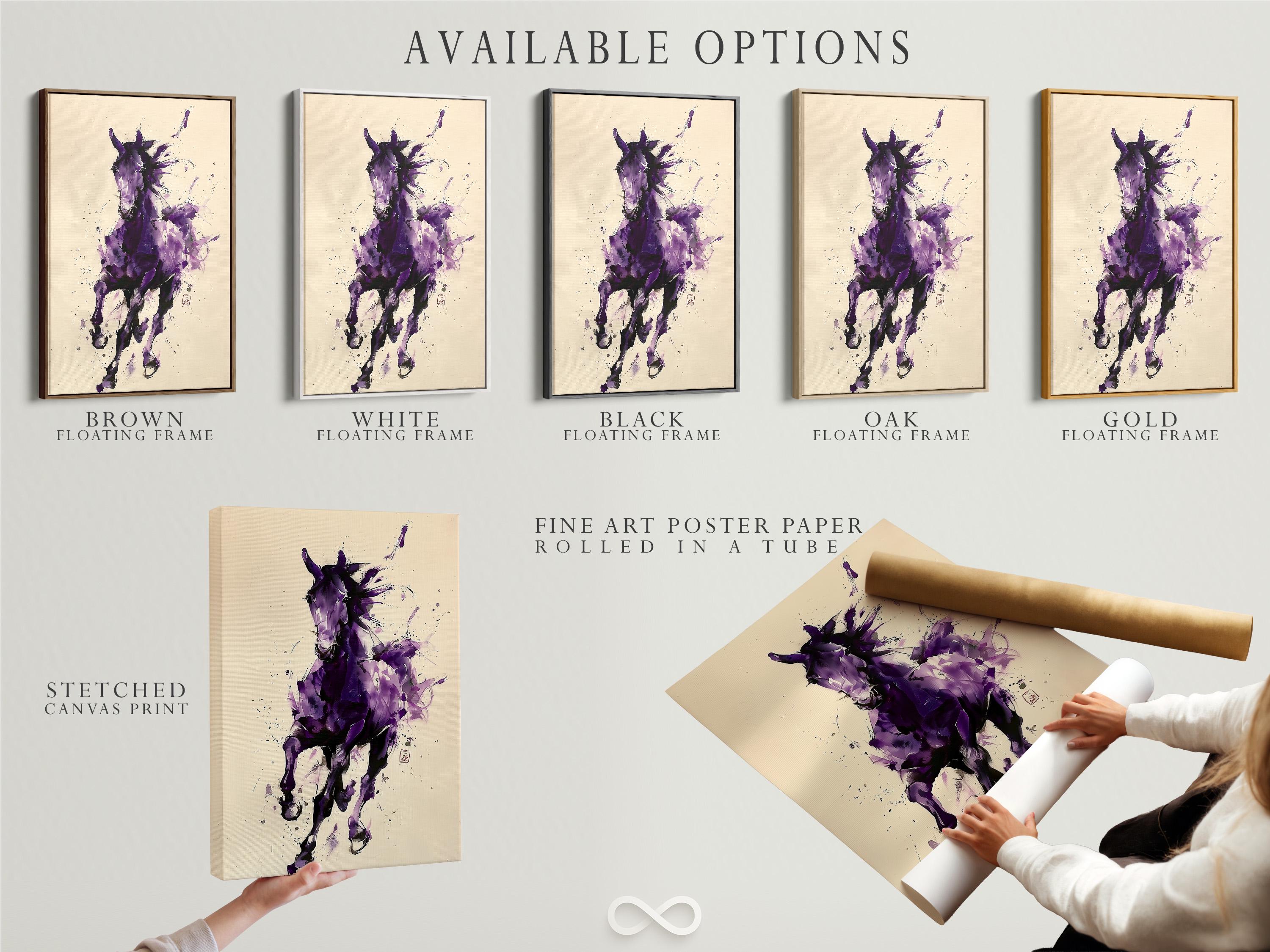 Abstract purple horse illustration with splatter marks on a cream background detail view