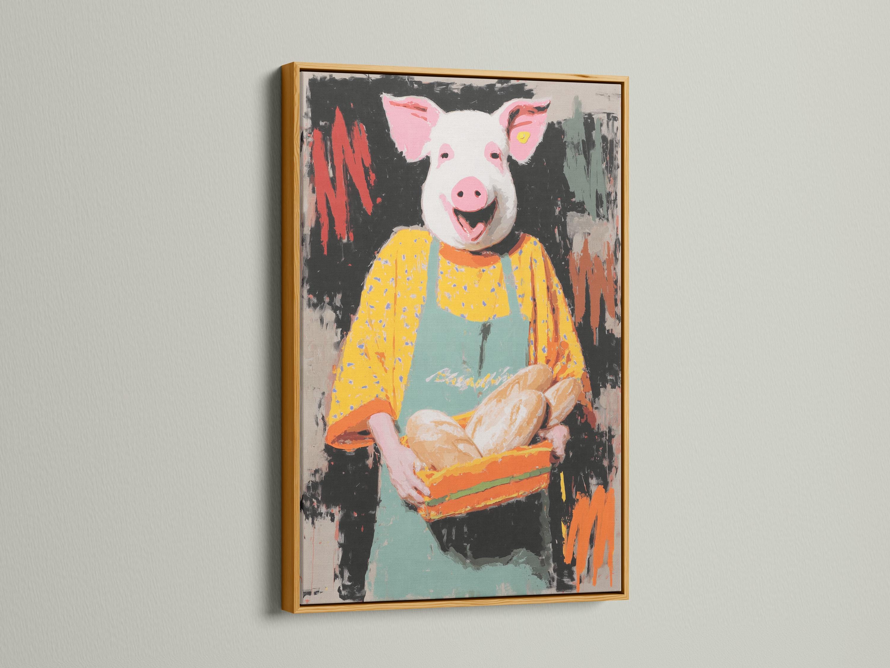 Stylised chef pig holding a tray of buns with a dark splattered background detail view