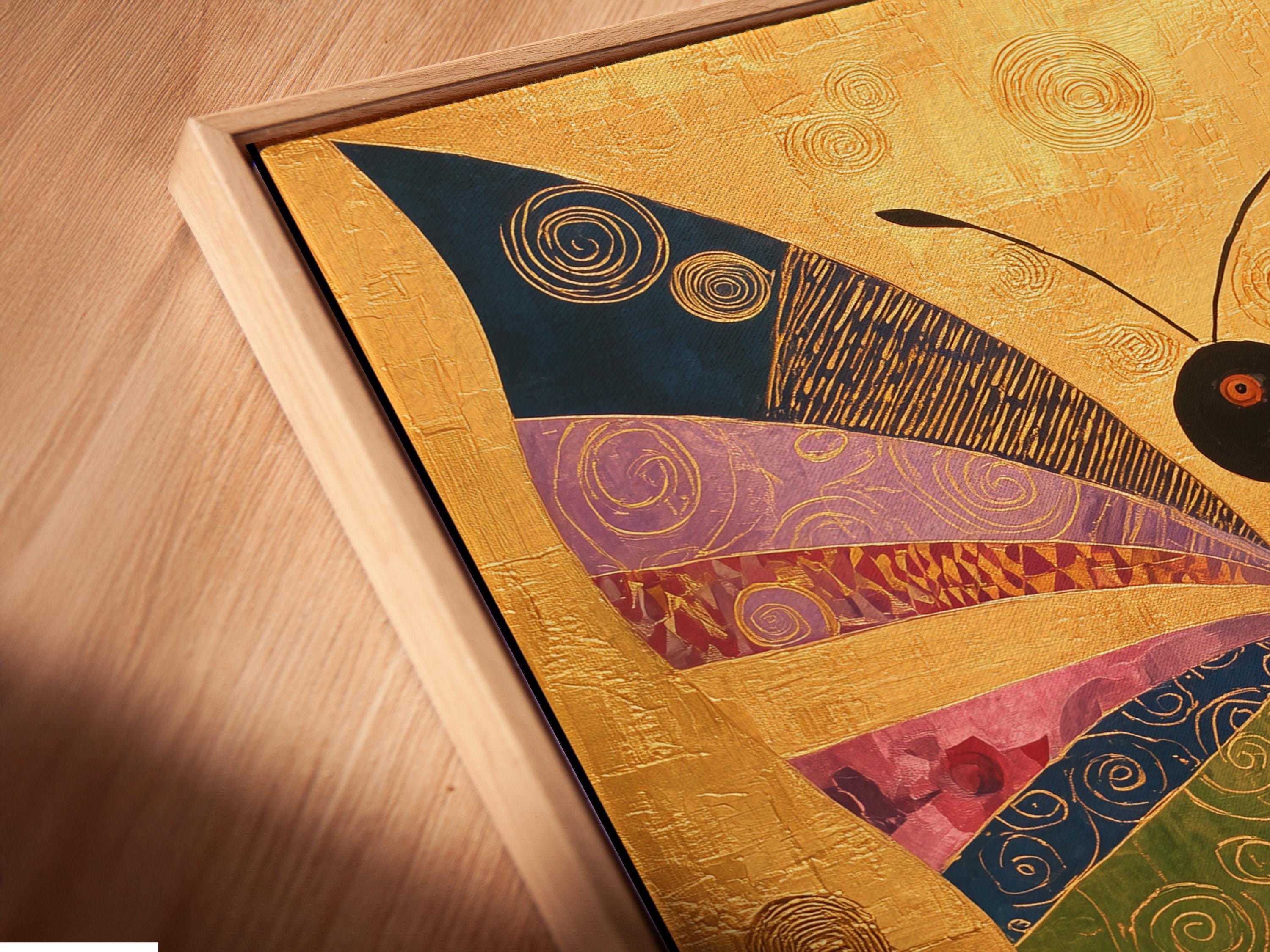 Geometric butterfly artwork with gold background and multicolour swirl-patterned wings detail view