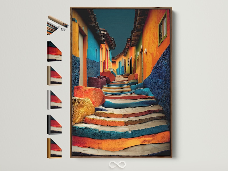 A vivid alleyway cityscape shows tall buildings in bright orange, cyan and blue, receding into a dark centre with textured, painterly shading