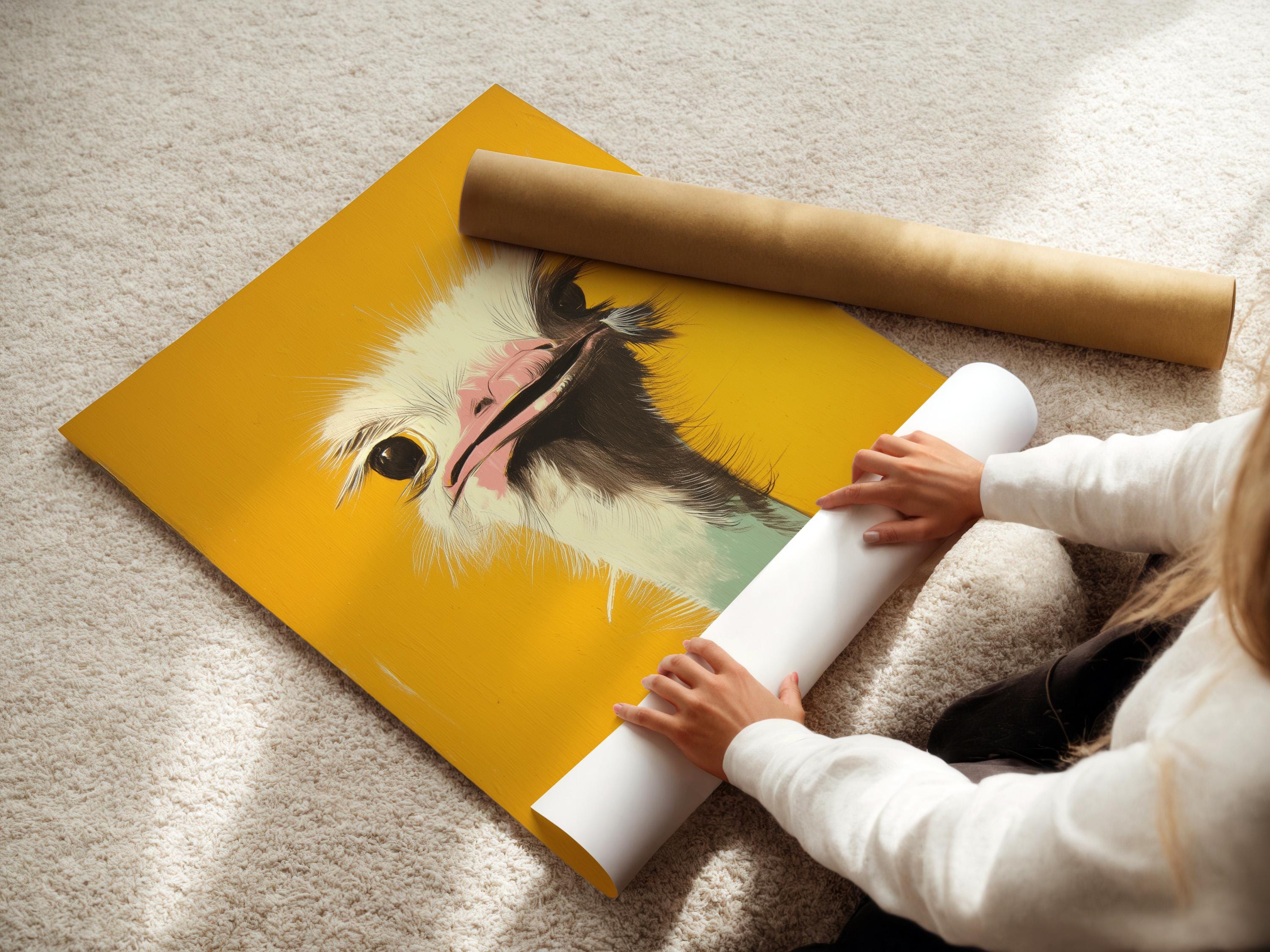 Stylised ostrich head portrait in mustard yellow with white feathers, dark eyes and a pink beak interior detail view