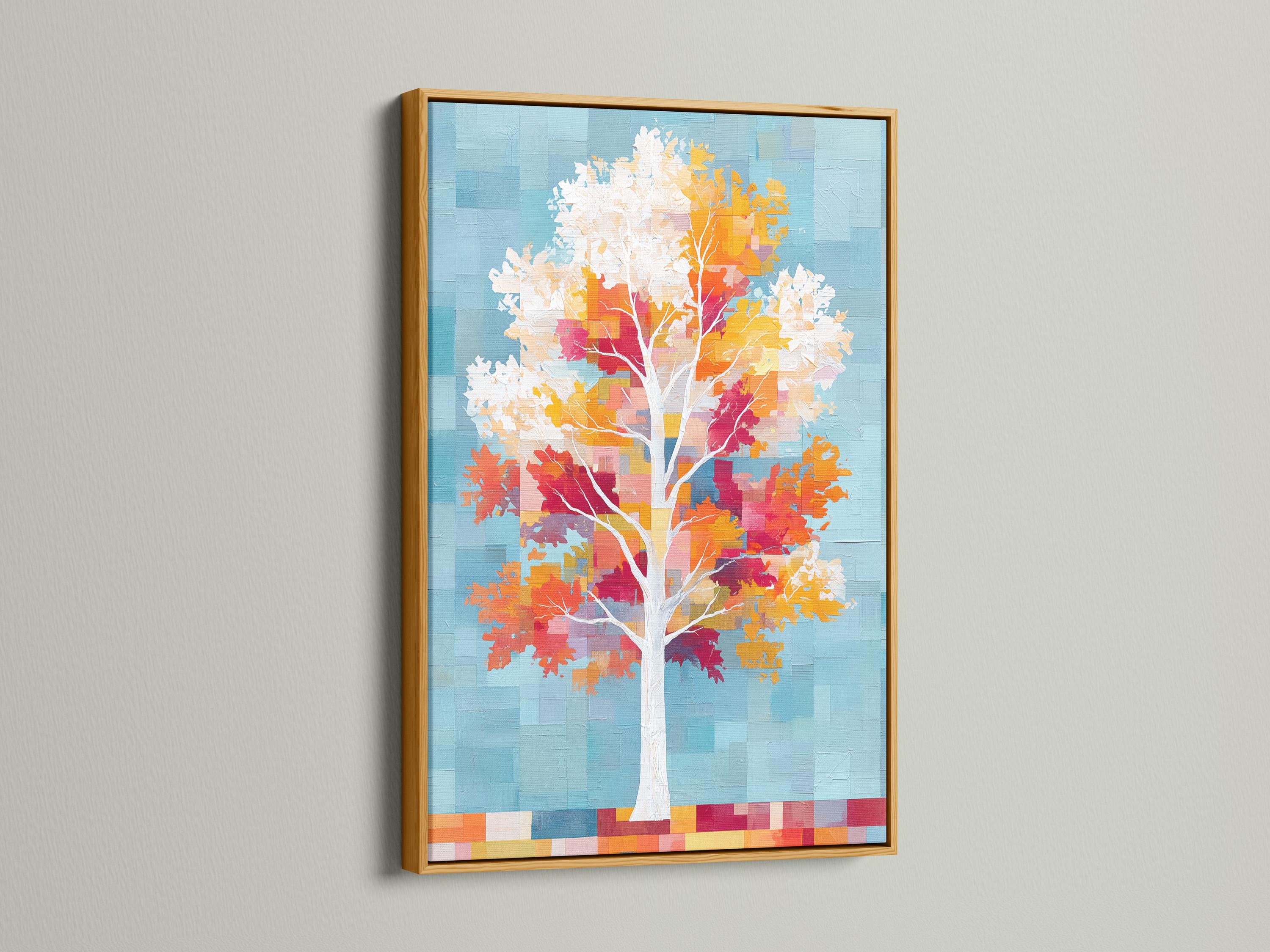 Stylised tree with white trunk, colourful autumn leaf blocks, and cool blue pixel background detail view