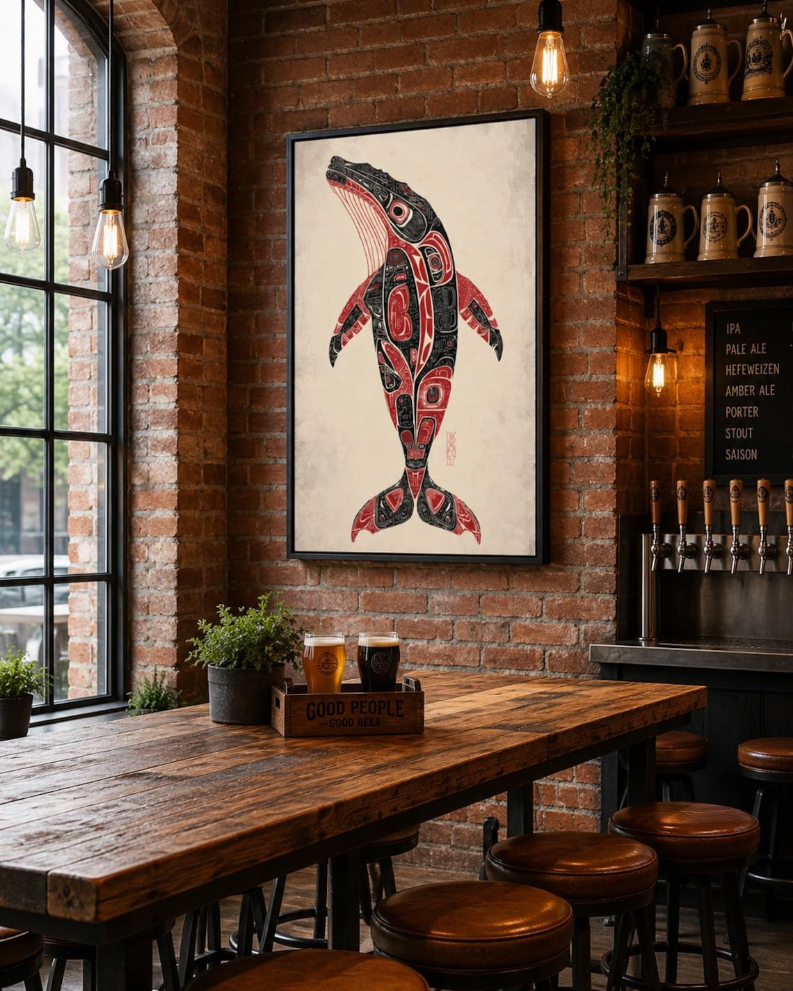 Man holding a mug beside a framed whale artwork in a rustic cabin setting