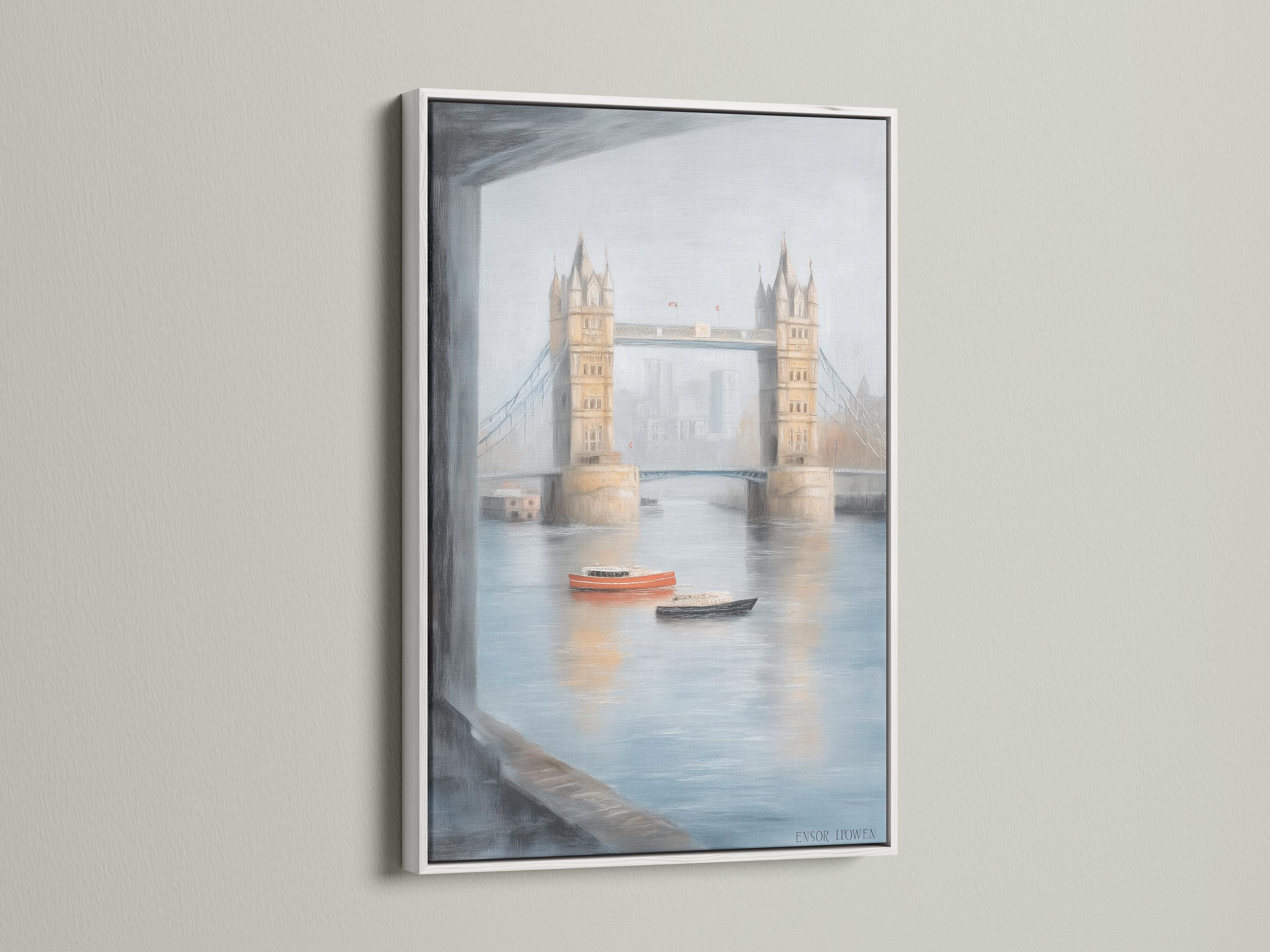 Painterly bridge over calm river with two boats, tower-like buildings and misty sky detail view