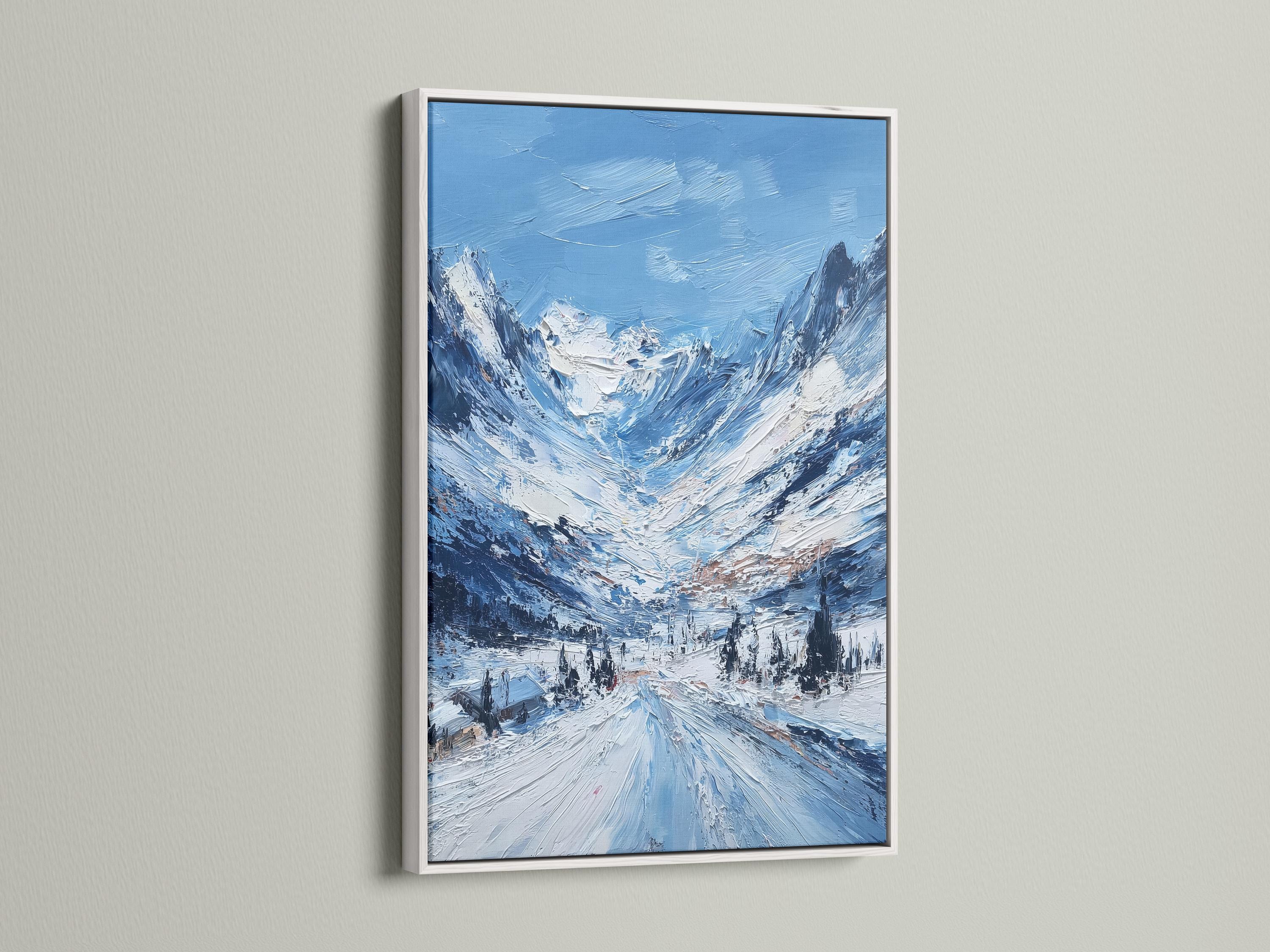 Mockup showing a framed snowy mountain artwork against a light background with rolled print pieces