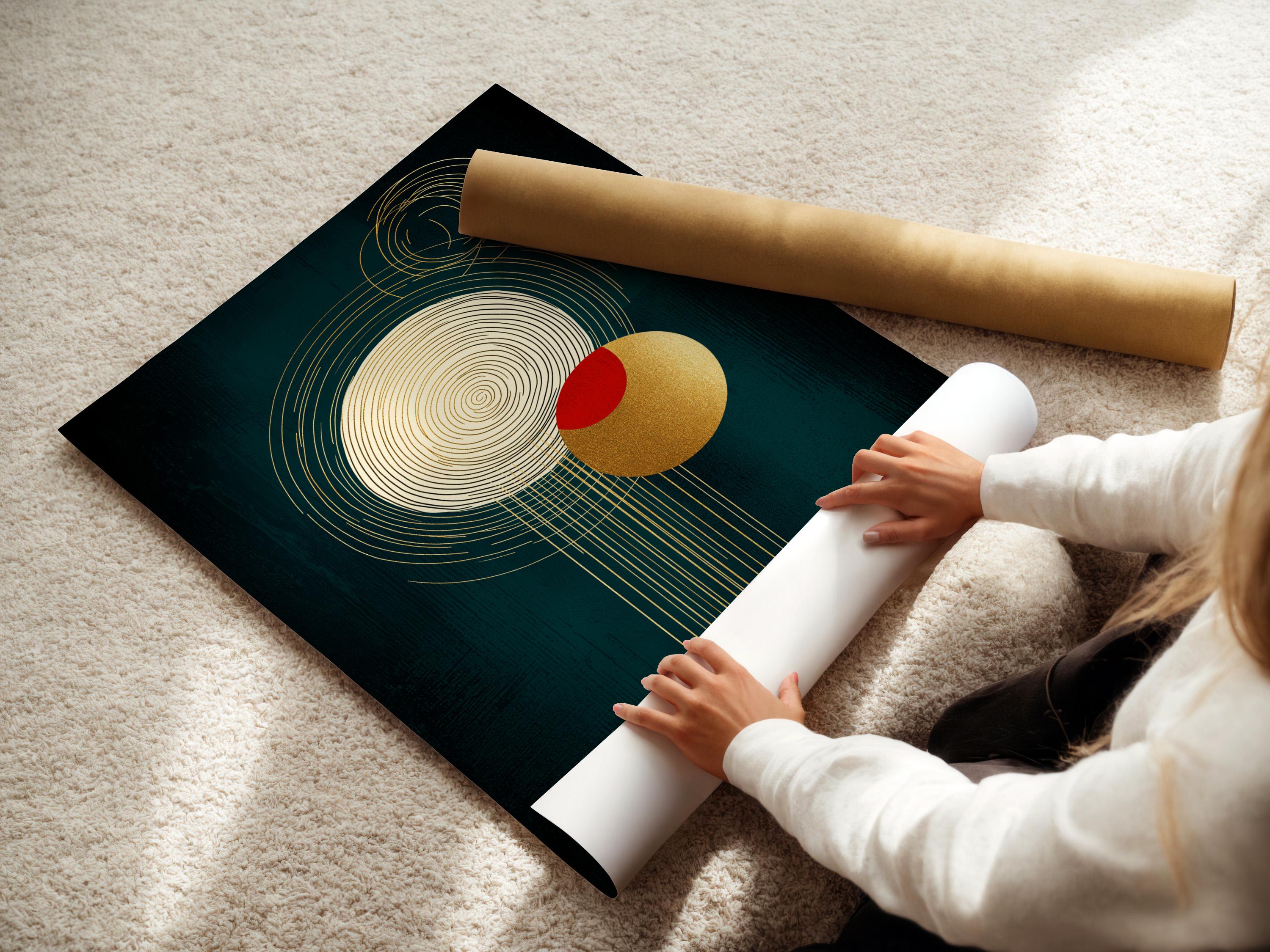 A teal abstract background features intersecting golden line circles, a red circle accent, and a gold disc with draping vertical lines detail view