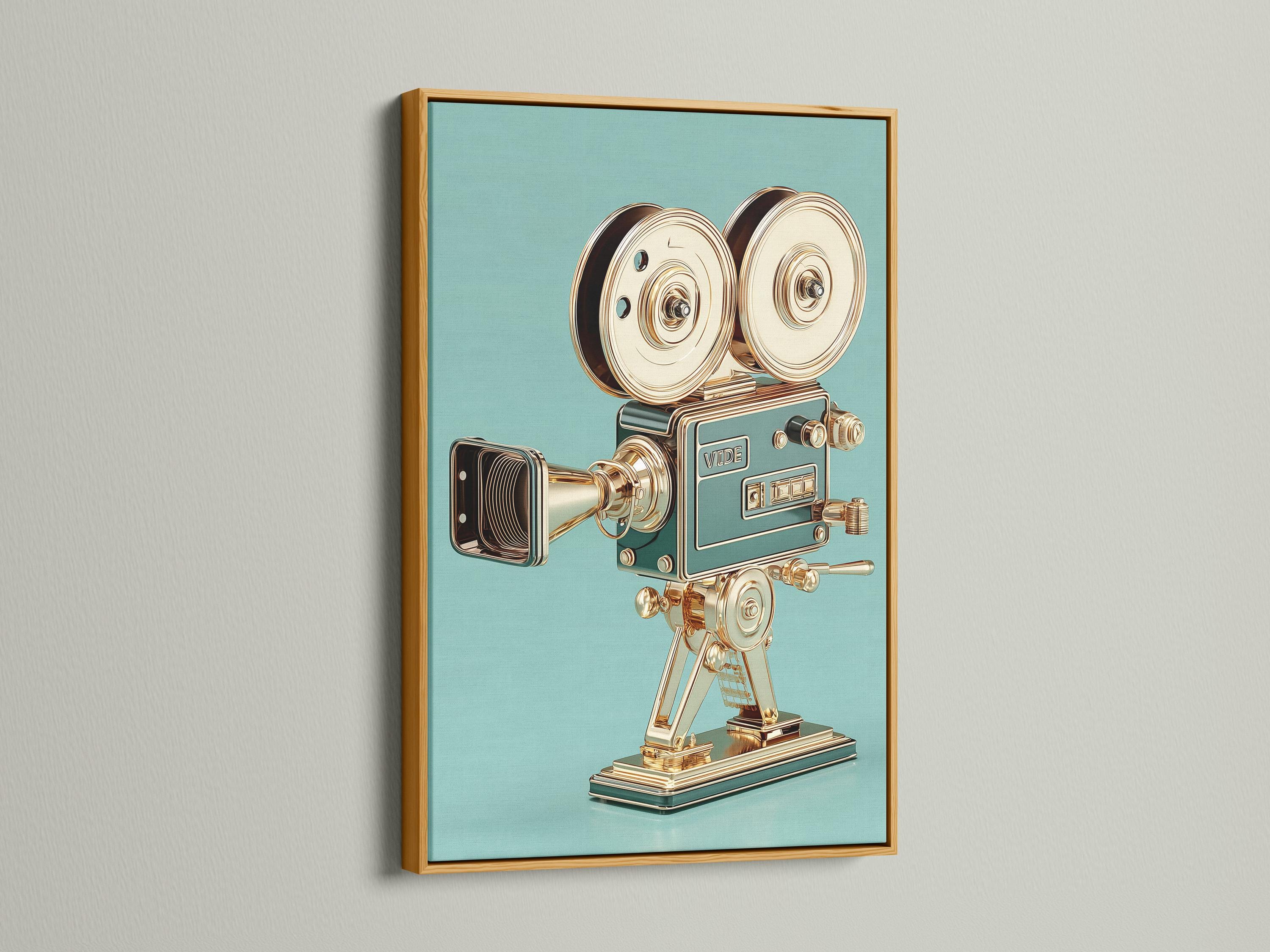 Woman standing beside a framed vintage film camera illustration on a teal background