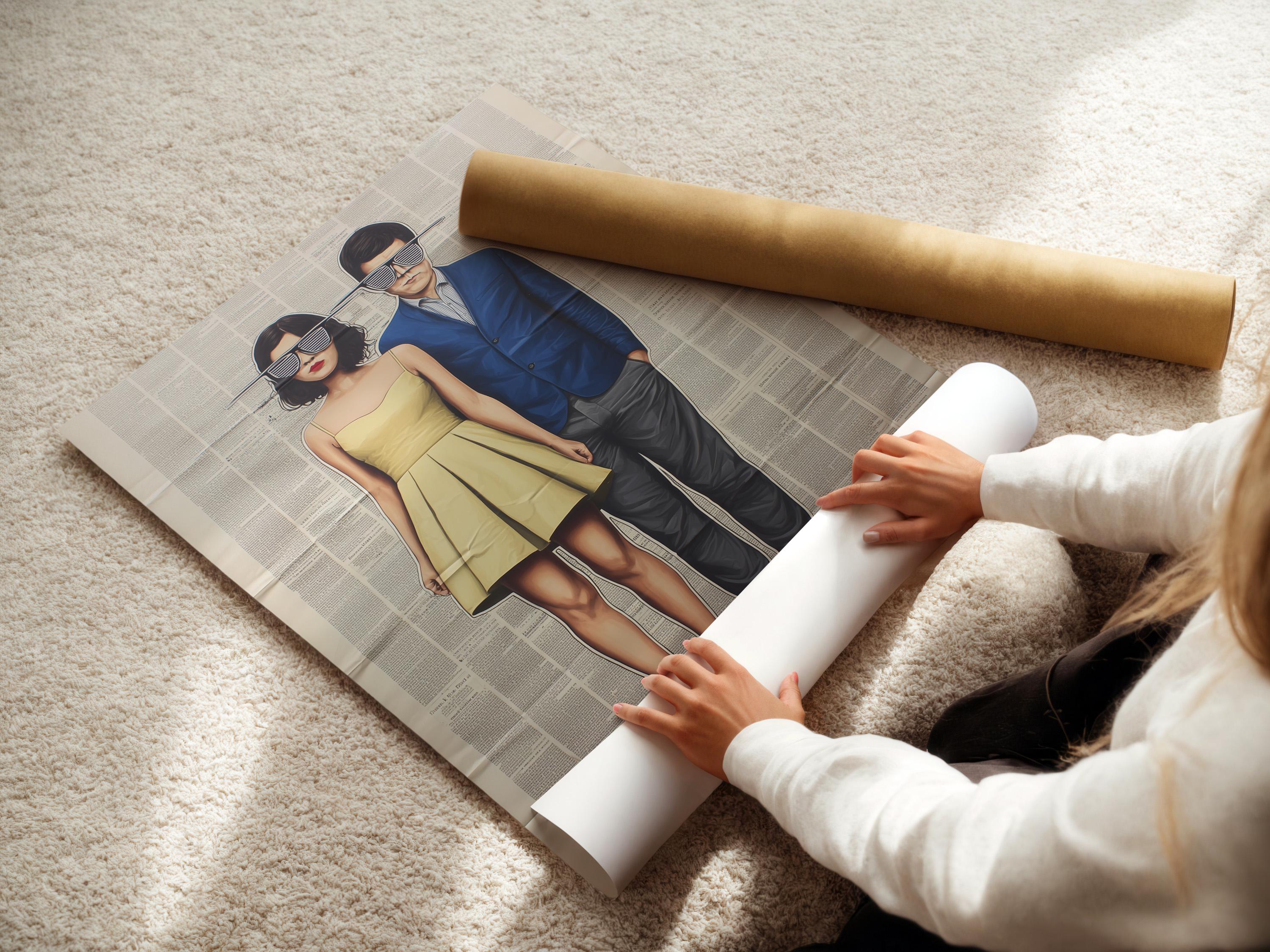 Wall mockup showing framed retro couple artwork with newspaper-text background
