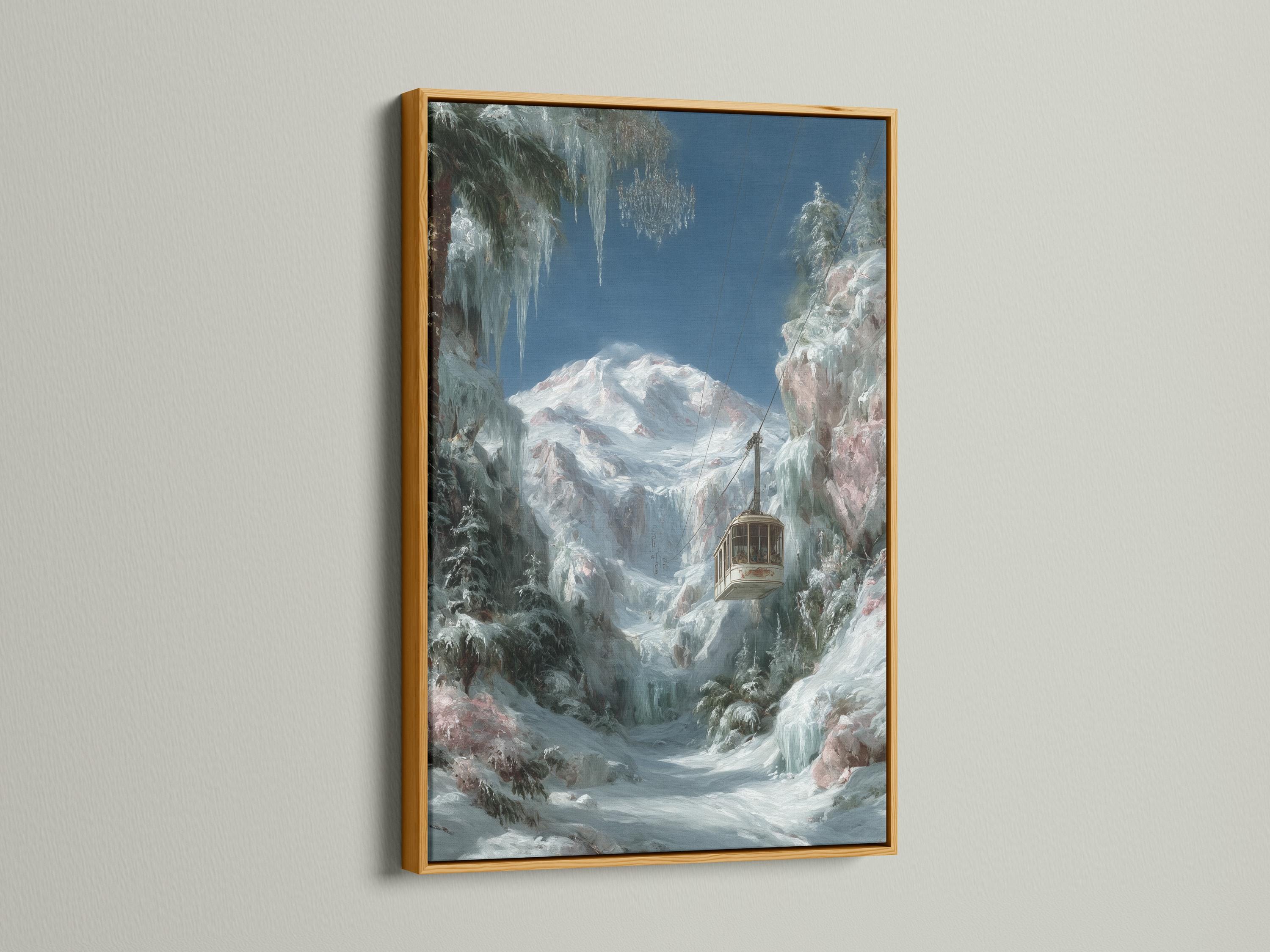 Wall mockup showing a framed snowy mountain cable car artwork on a light background
