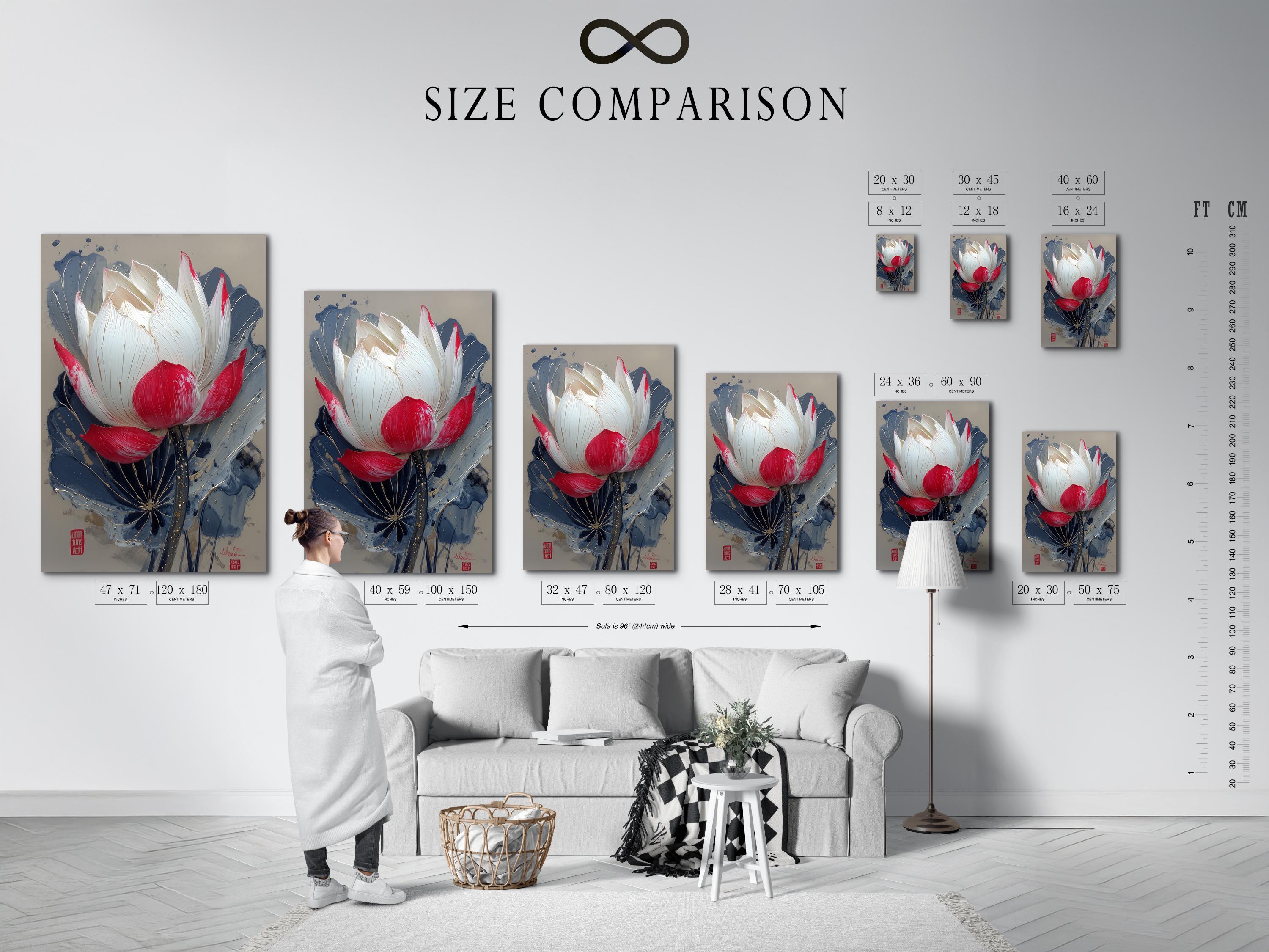 Lotus flower painting with white and red petals over deep blue leaves and gold speckles detail view