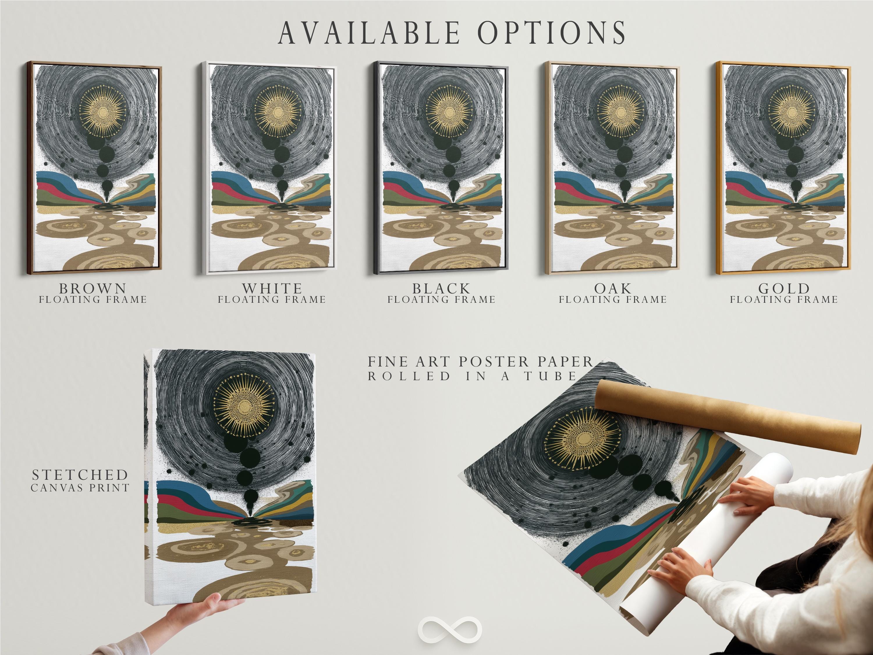 Abstract celestial eye with gold sunburst, concentric black lines and multicoloured wave bands detail view