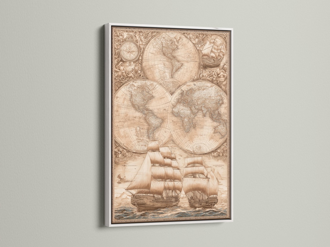 Sepia antique world map with compass circle and sailing ships on waves detail view