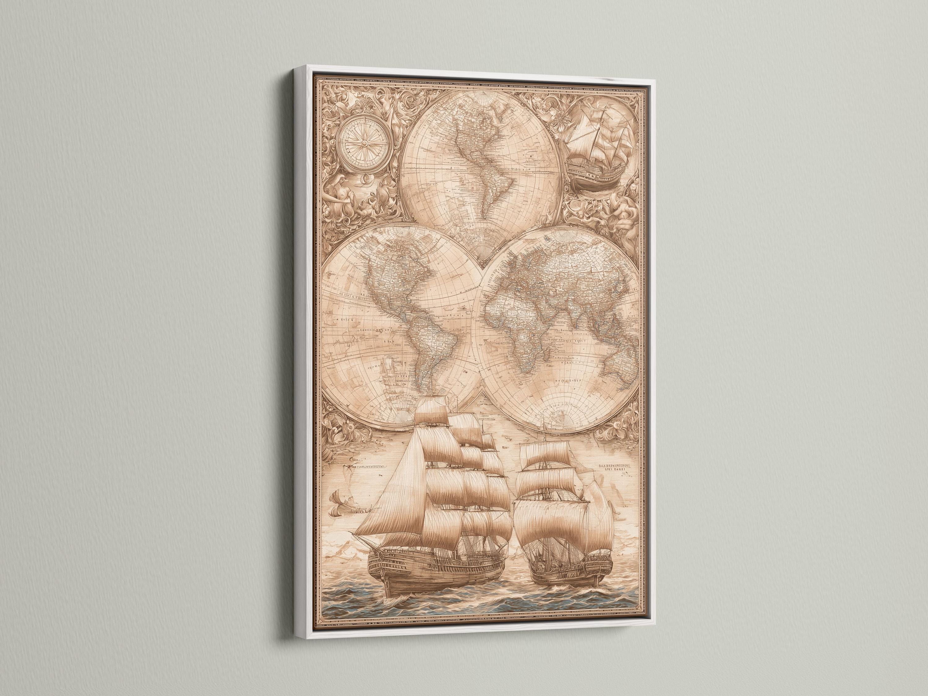 Sepia antique world map with compass circle and sailing ships on waves detail view