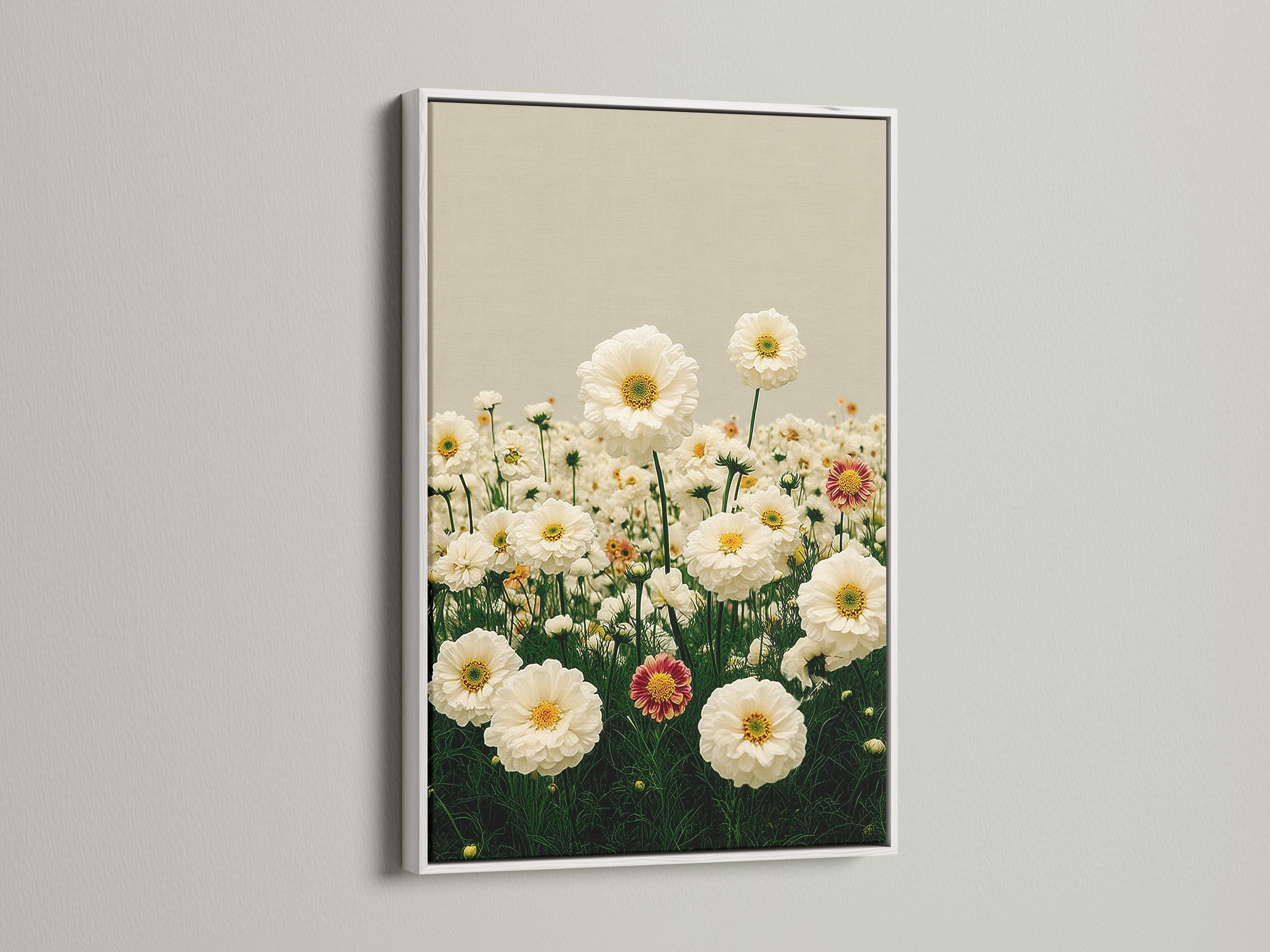 Room mockup showing a person holding flowers beside framed daisy meadow artwork