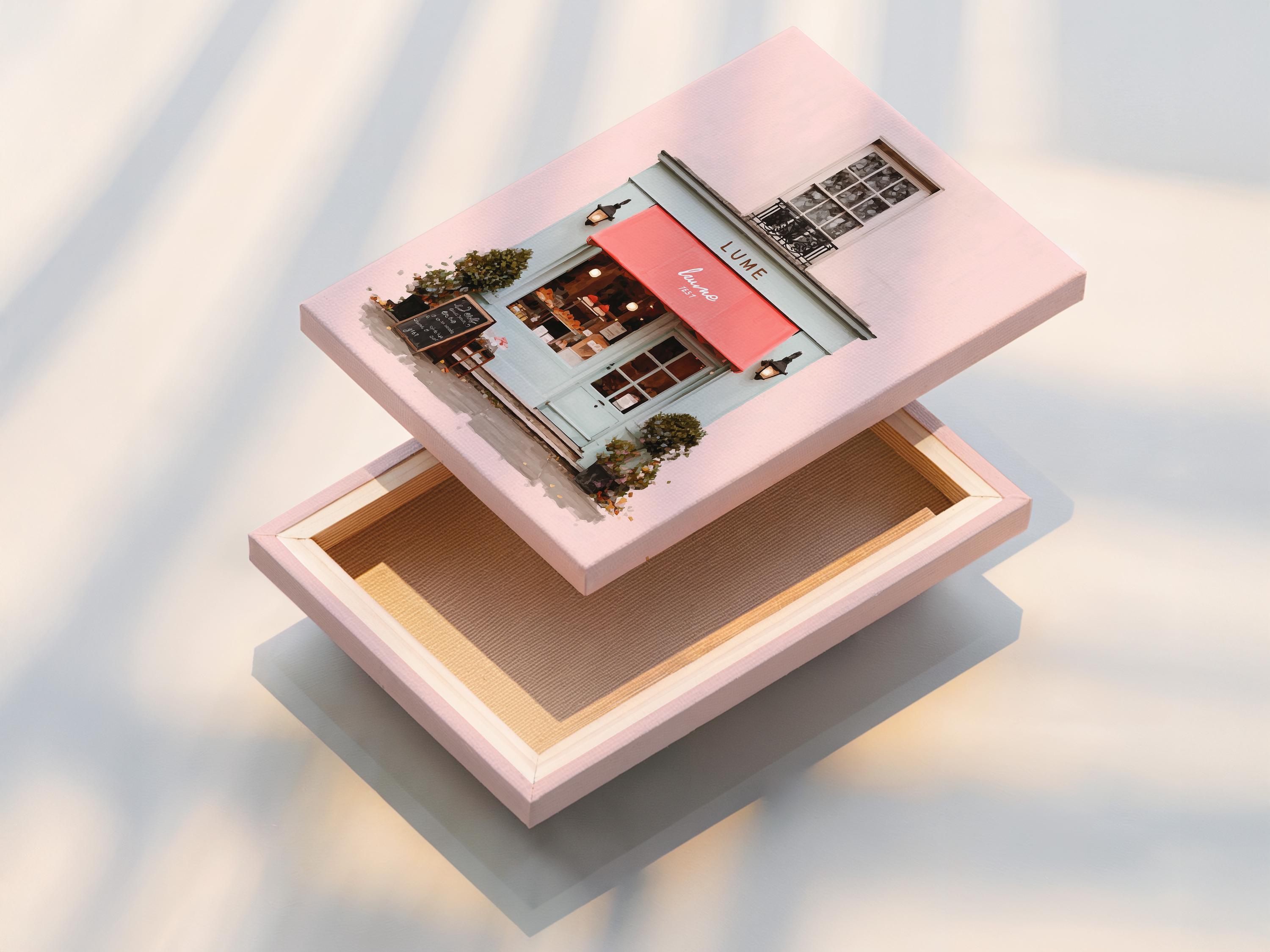 Pastel pink café front illustration with a red awning, lanterns, window and green shrubs detail view
