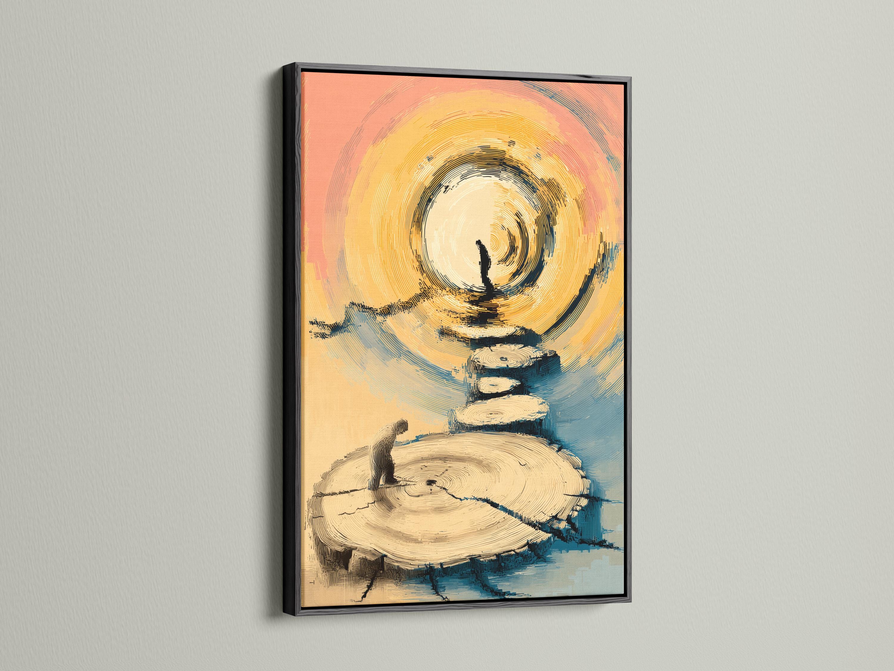 Abstract halo above curved steps with a small dark silhouette, in beige, gold and sky blue detail view