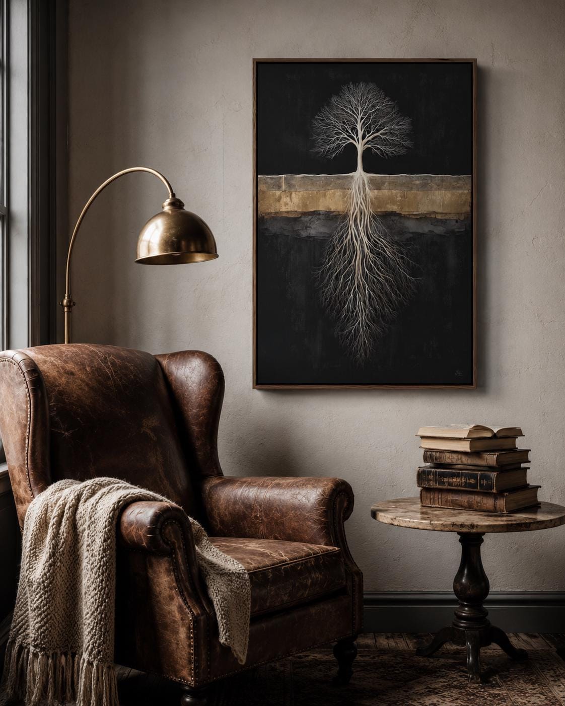 Room mockup with a person reading and a dark tree roots artwork above a bed