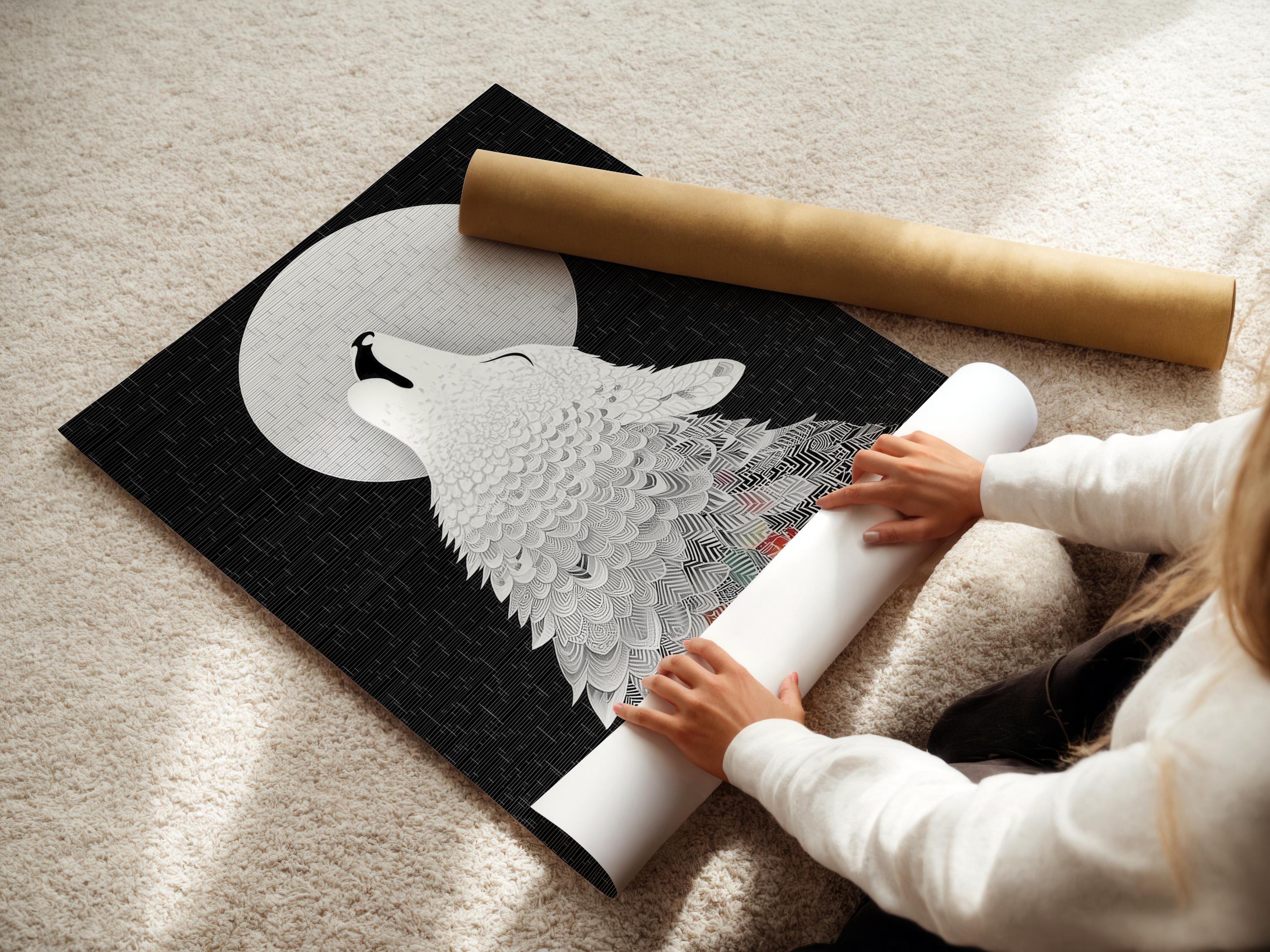 Room mockup showing framed wolf howling at moon artwork