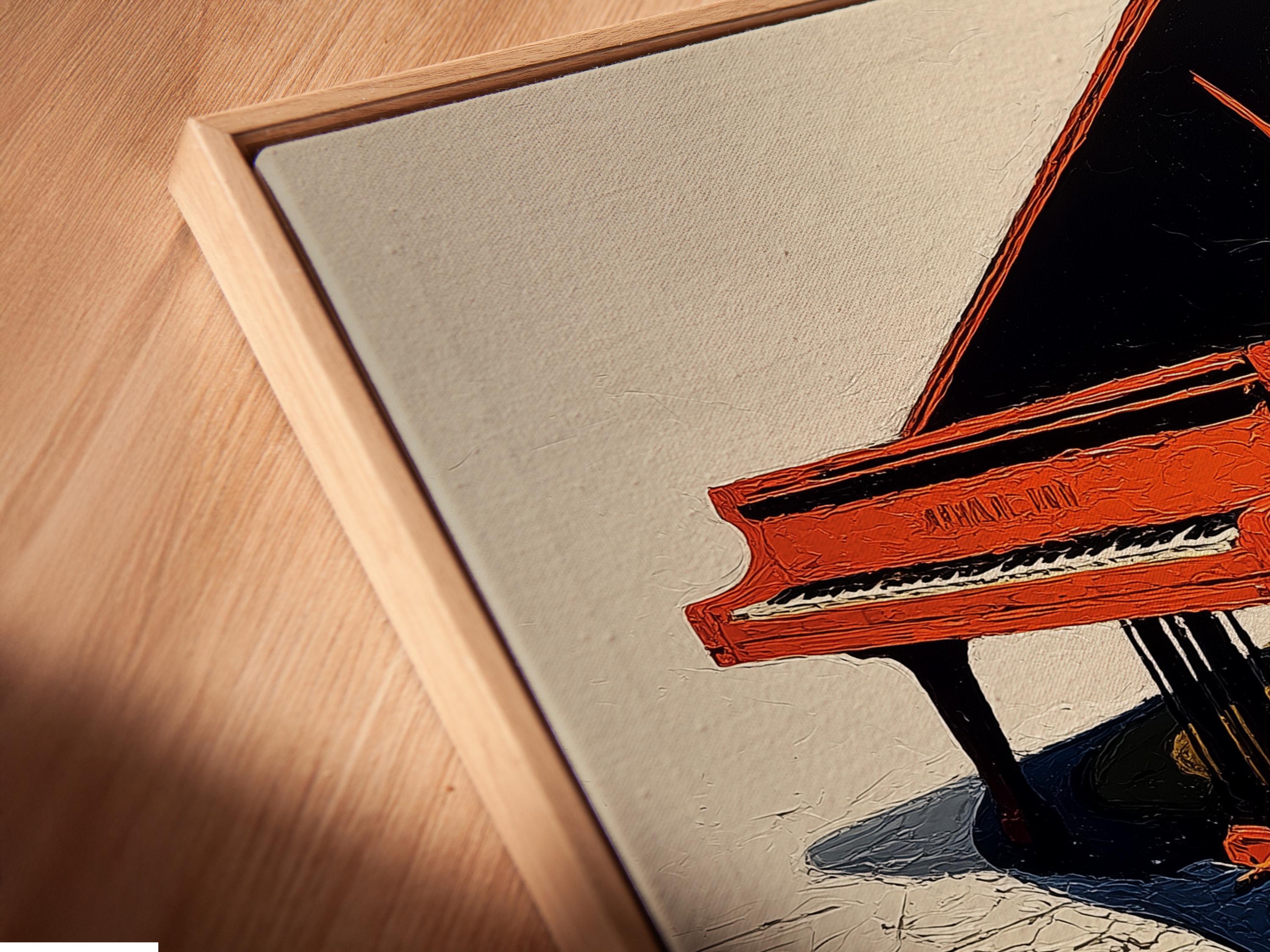 Stylised grand piano in orange and black with textured rainbow curves detail view