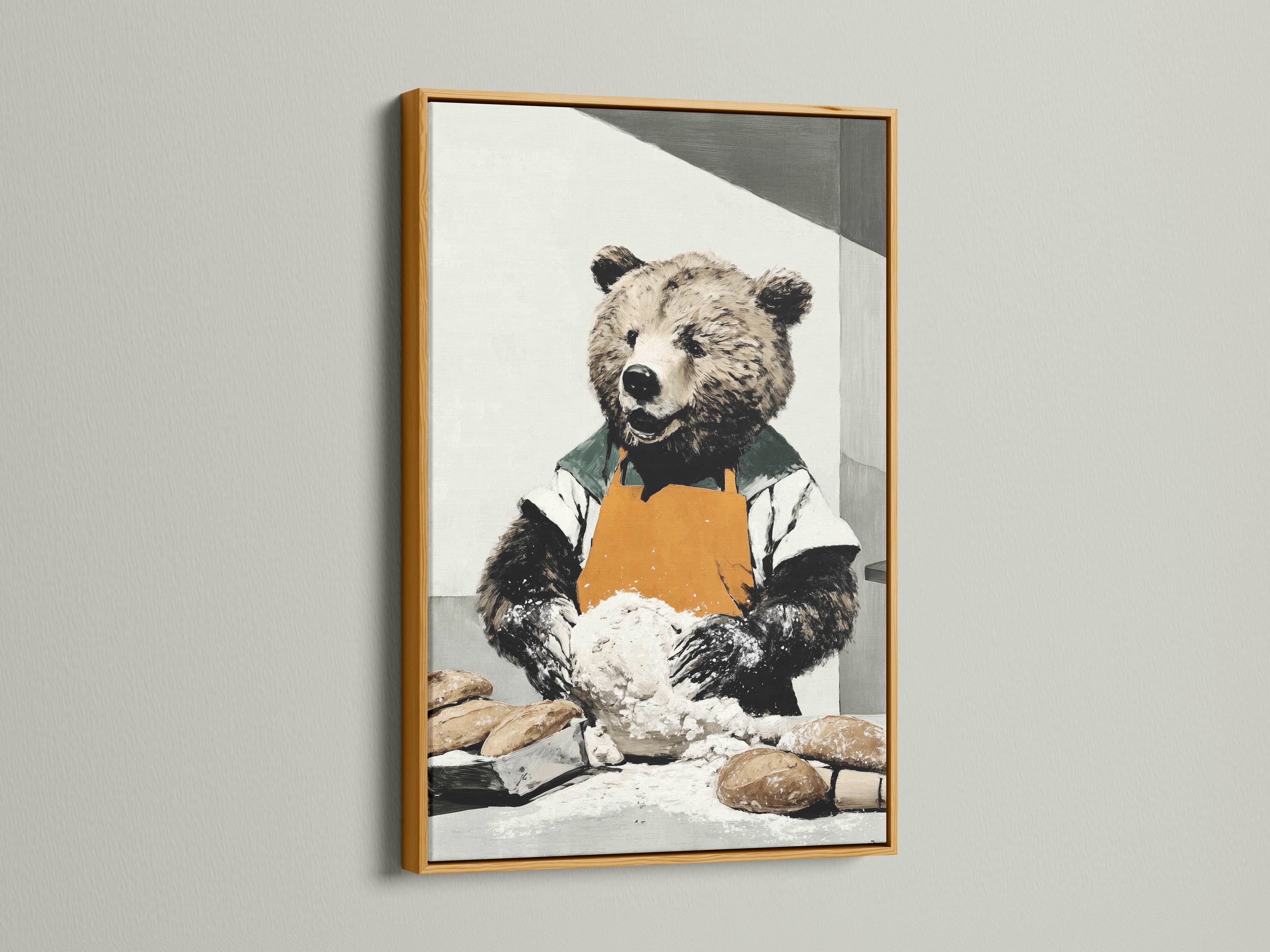 Bear baker artwork with an orange apron, green clothing, and dough on a table detail view