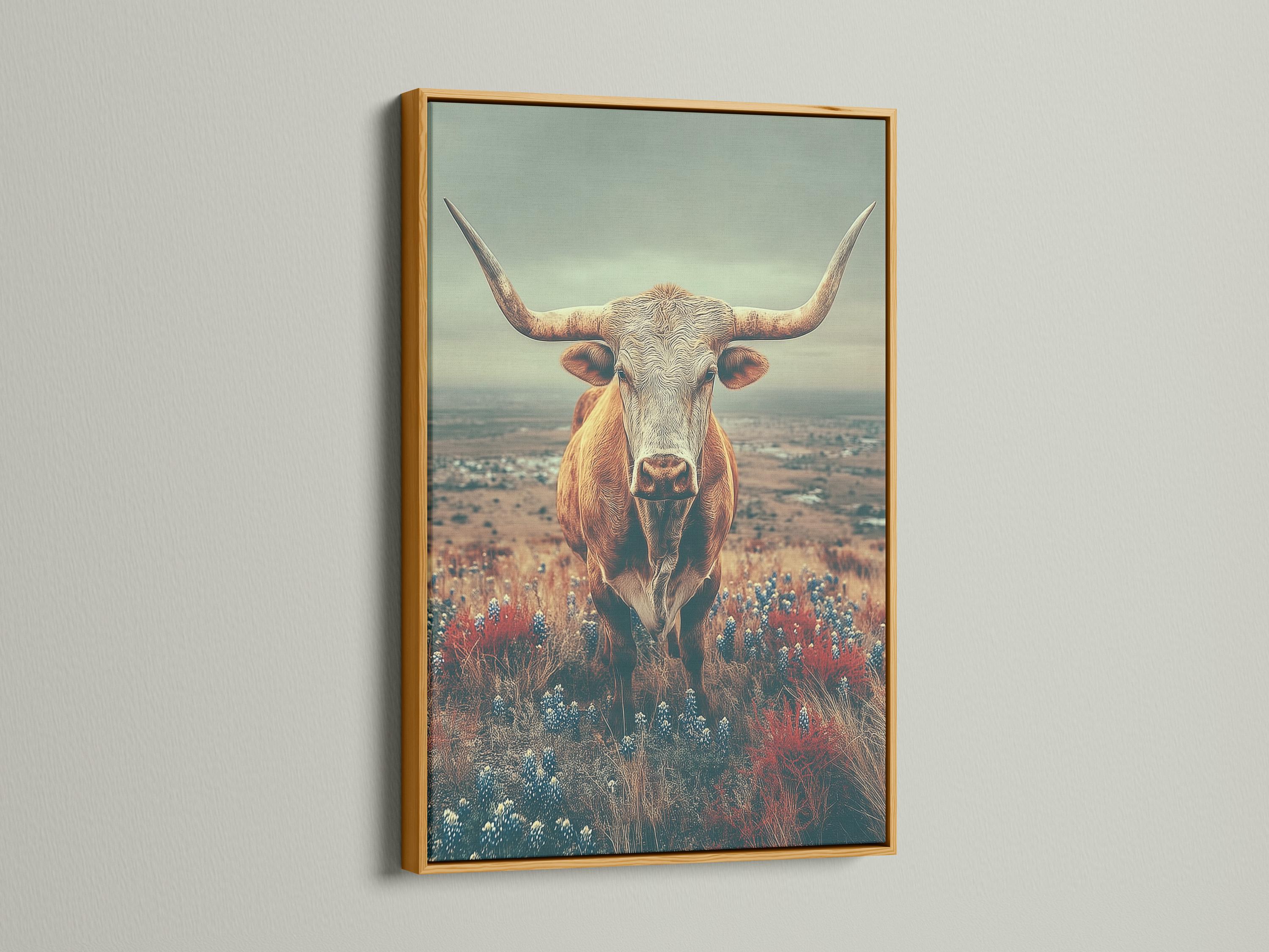 Longhorn cow standing in a countryside landscape with red and blue flowers under a muted green sky detail view