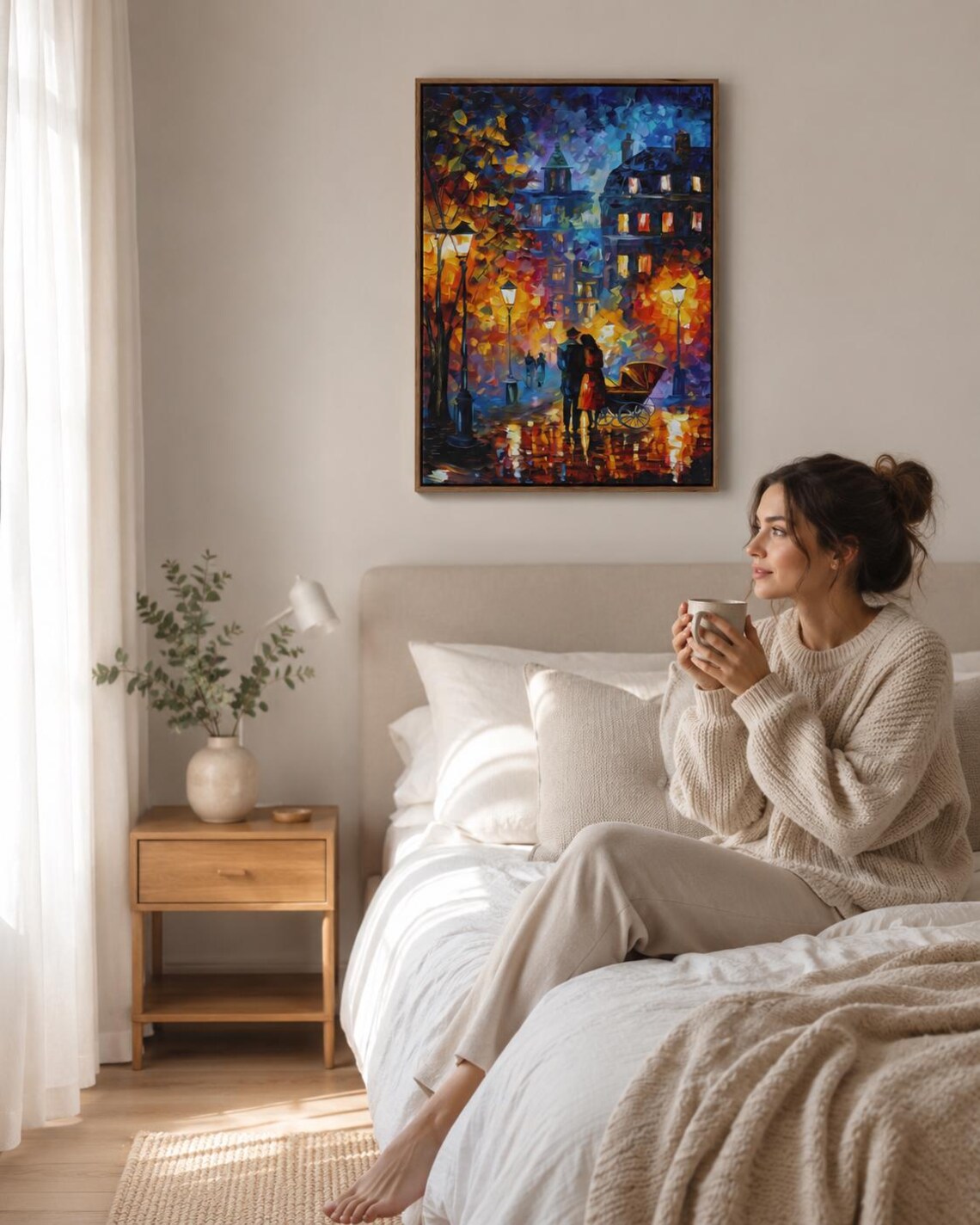 Room mockup showing a framed impressionist city street artwork on a wall