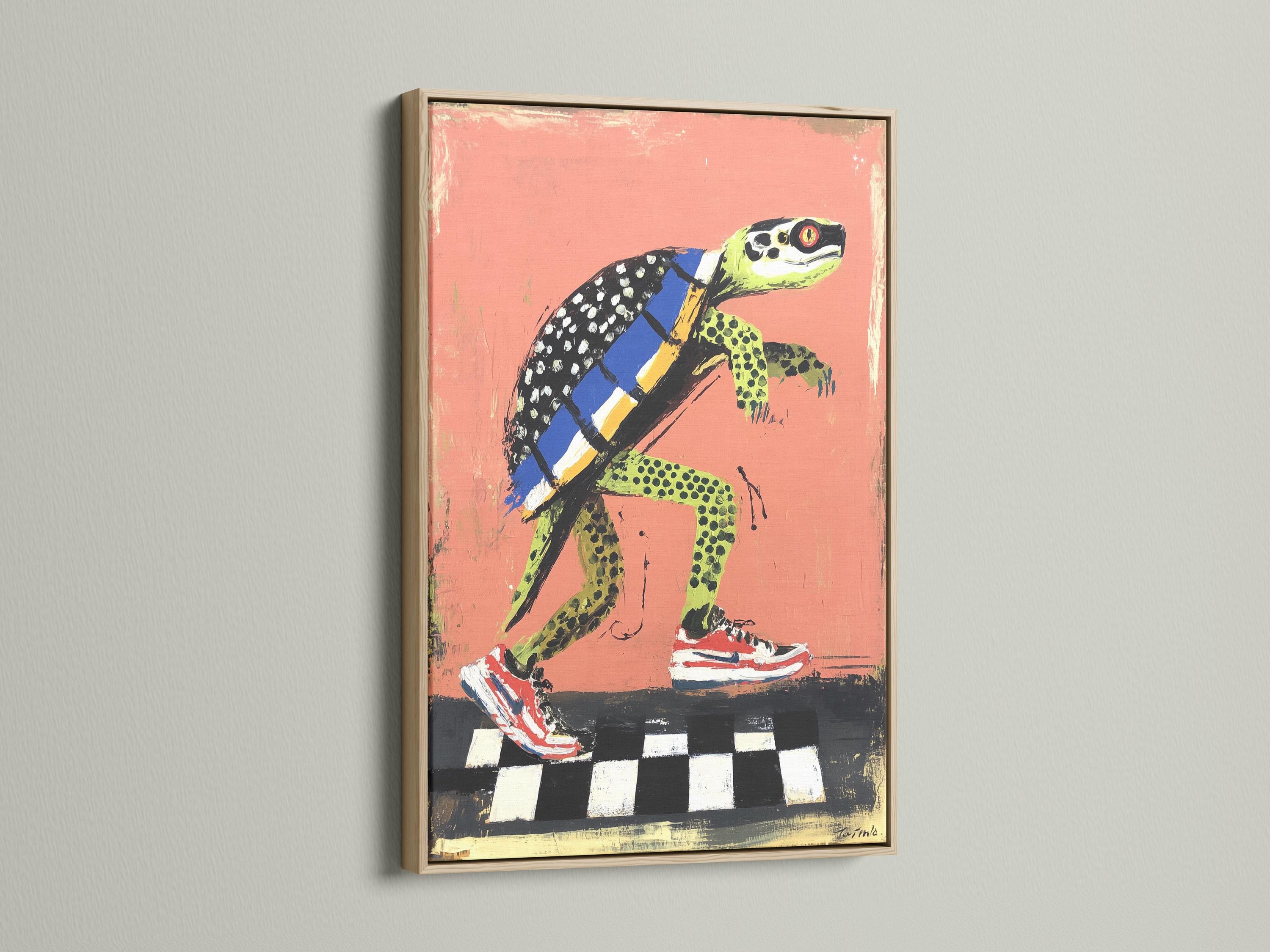 Cartoon turtle skateboarding on a black and white checkered ground against a coral background detail view