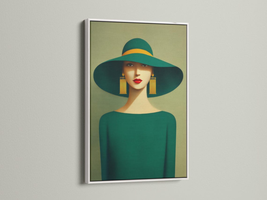 Mockup of a framed stylised woman portrait with a wide green hat and teal outfit