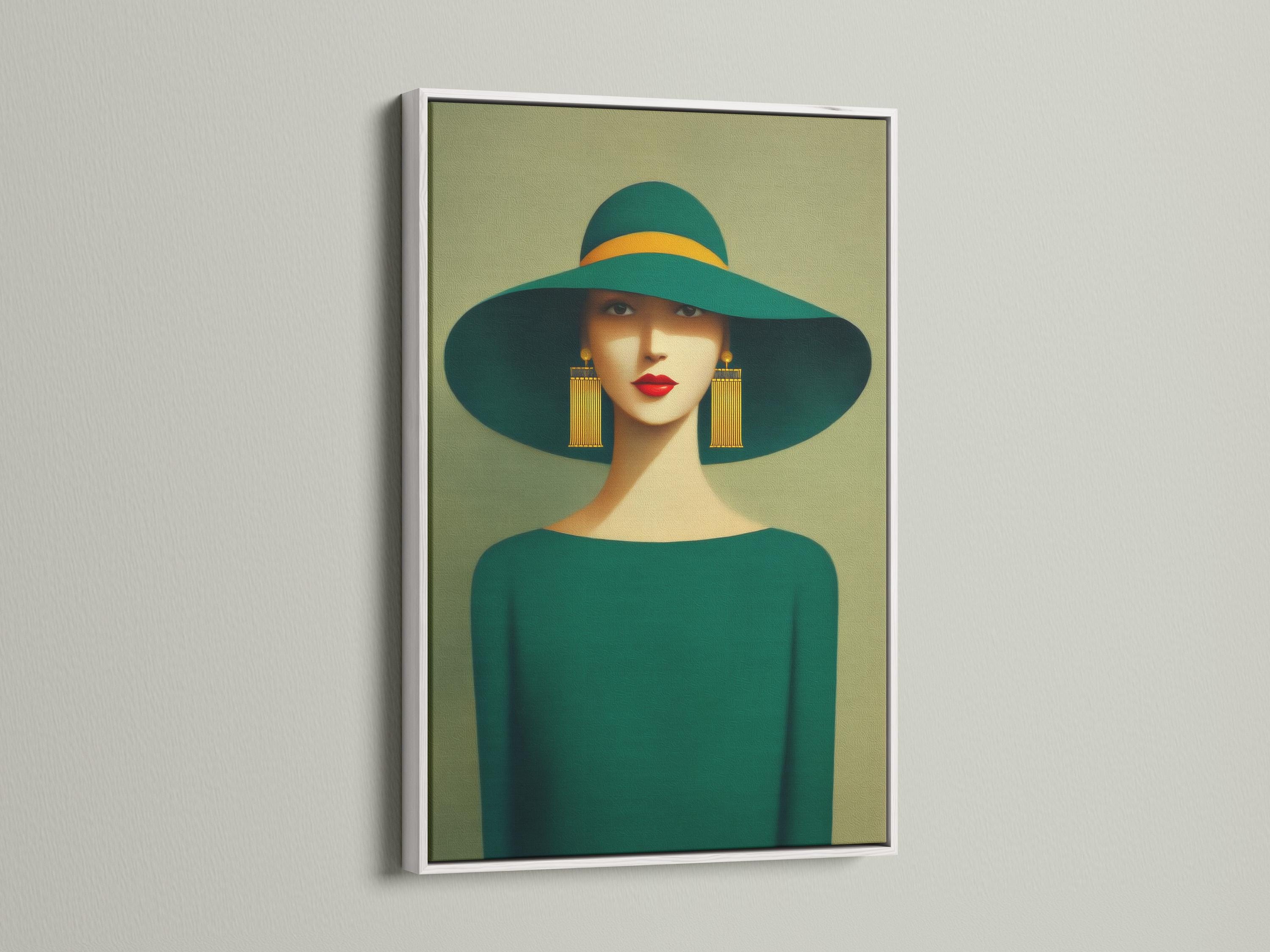 Mockup of a framed stylised woman portrait with a wide green hat and teal outfit