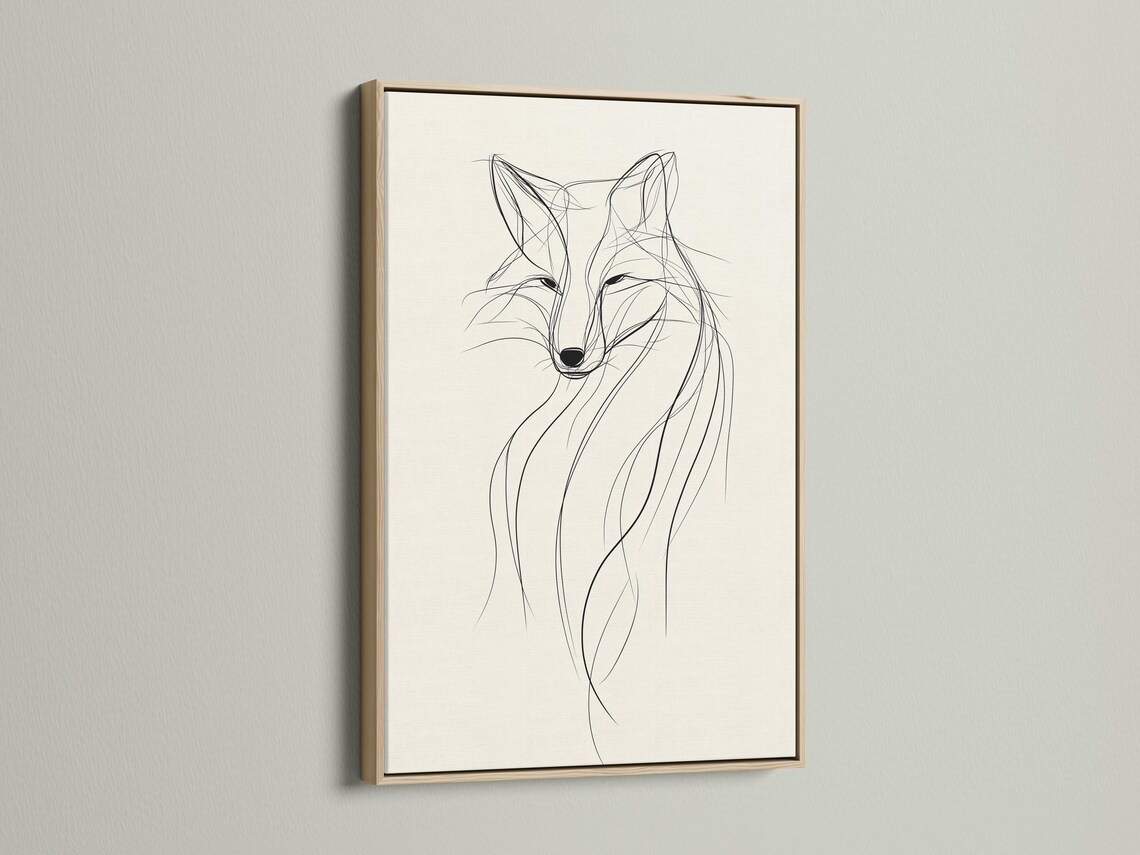 Minimalist fox line drawing in black on a warm beige background detail view
