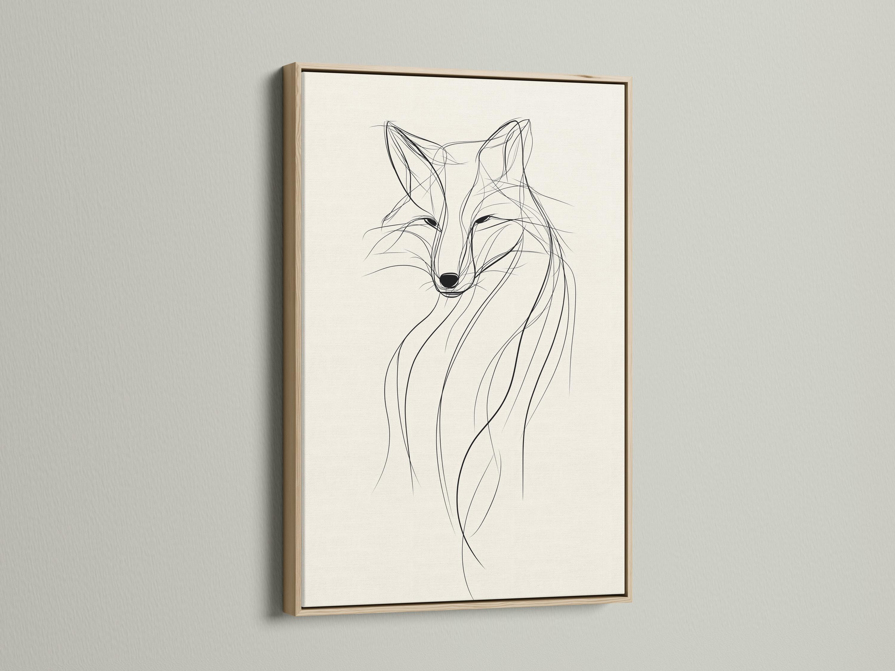Minimalist fox line drawing in black on a warm beige background detail view