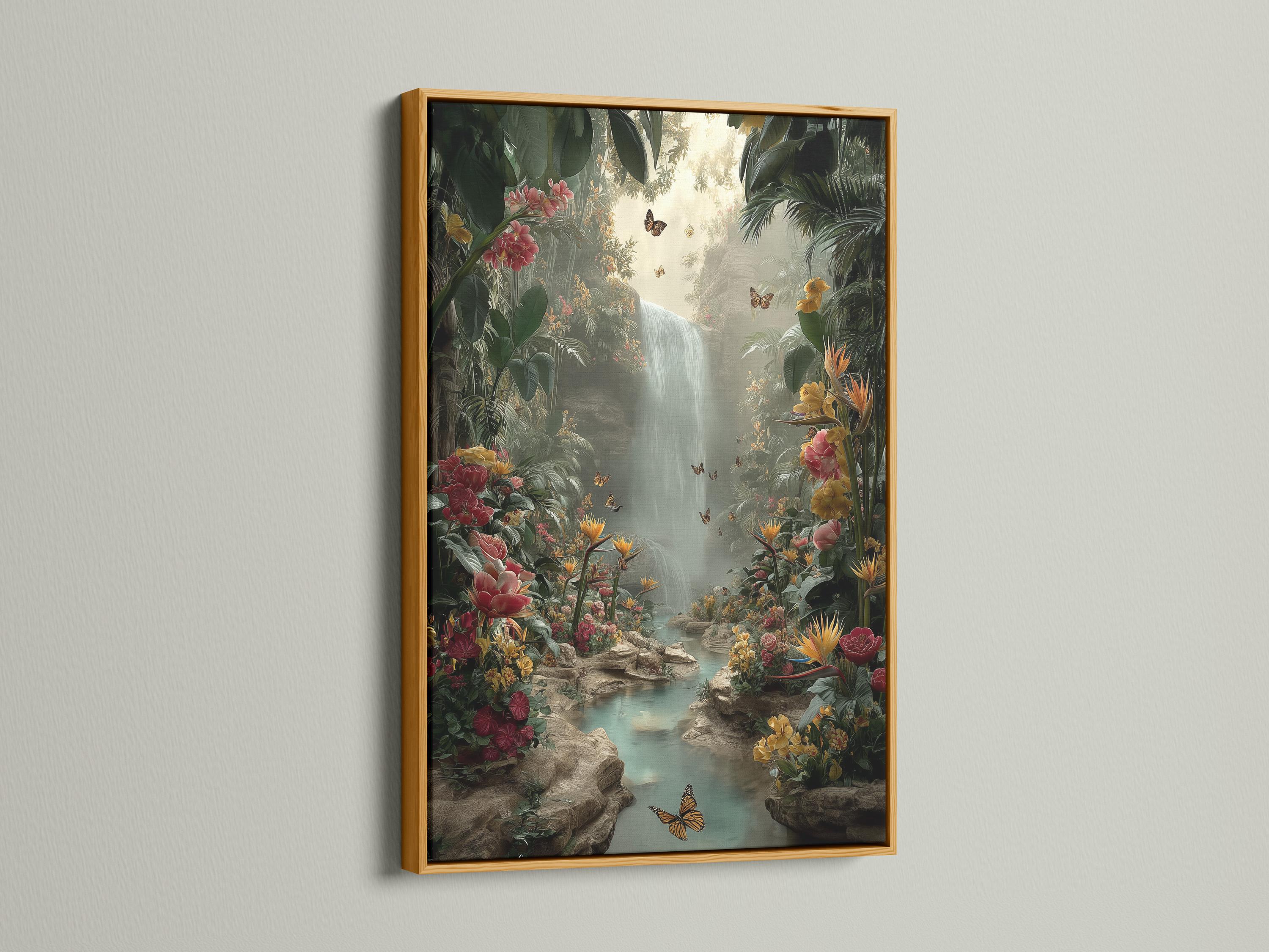 A jungle waterfall scene with lush green leaves, layered flowers and butterflies, flowing into a misty light area at the centre detail view
