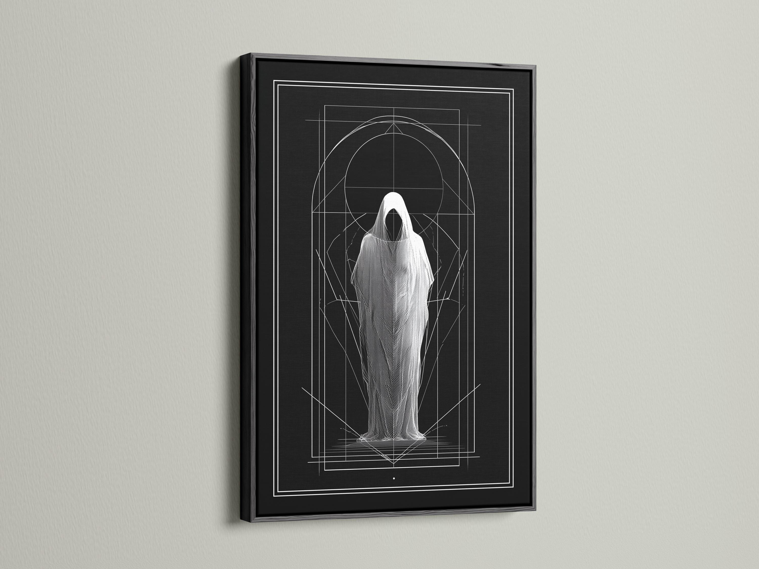 Monochrome geometric drawing of a hooded figure with white arch and grid lines on dark background detail view