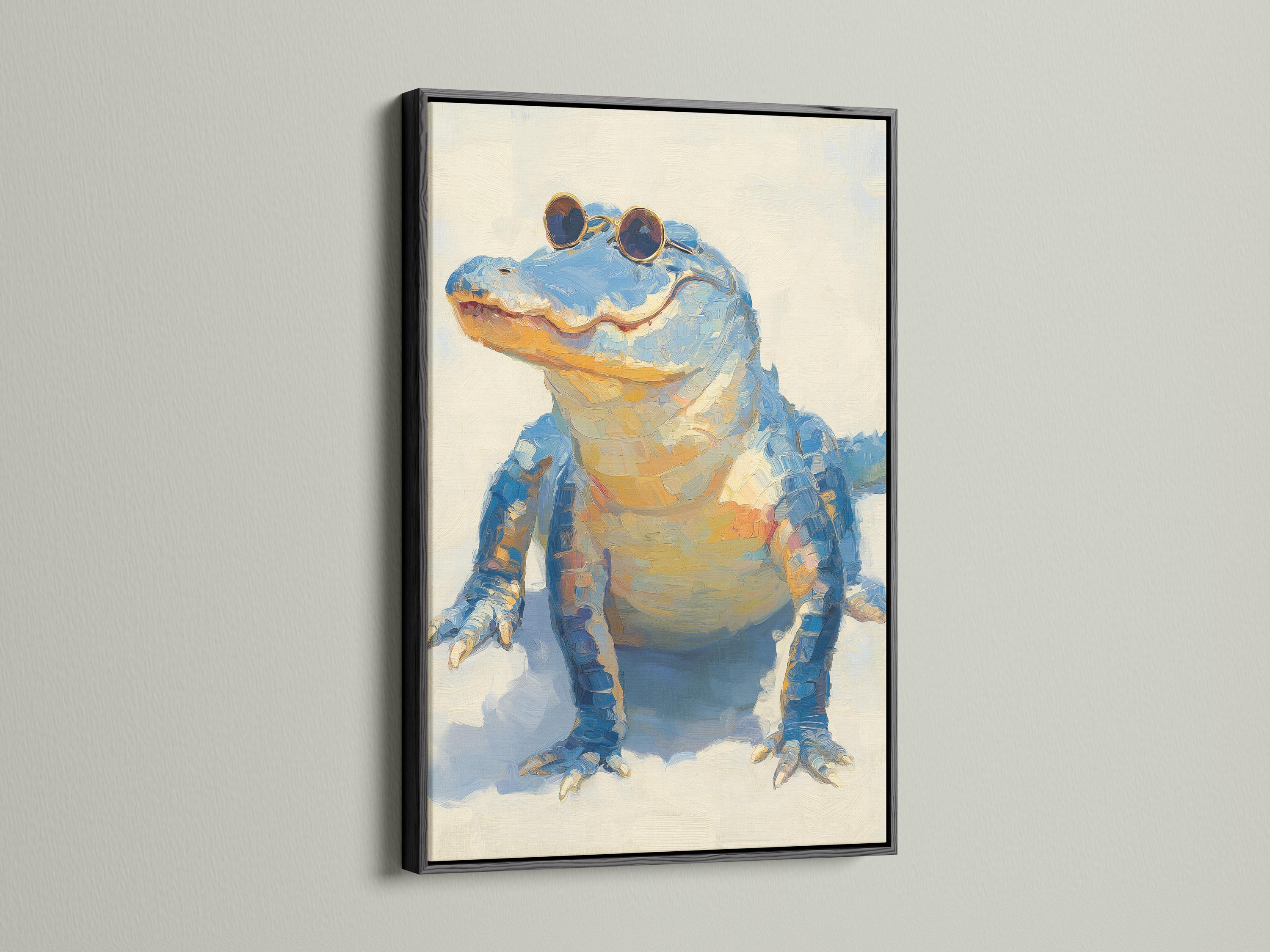 A stylised blue alligator figure wearing round sunglasses on a pale background detail view