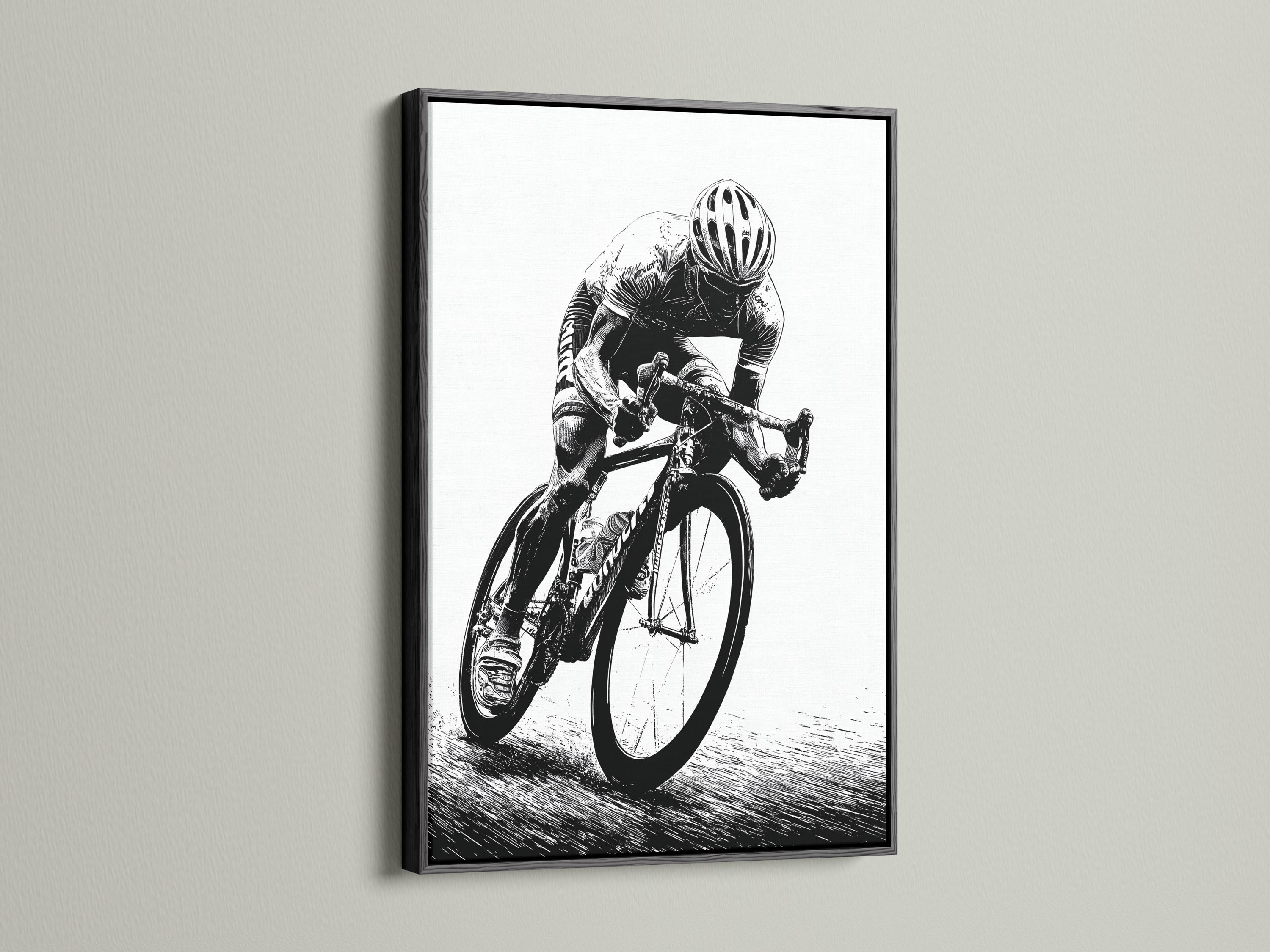 Room mockup showing a framed black and white cyclist illustration on a wall