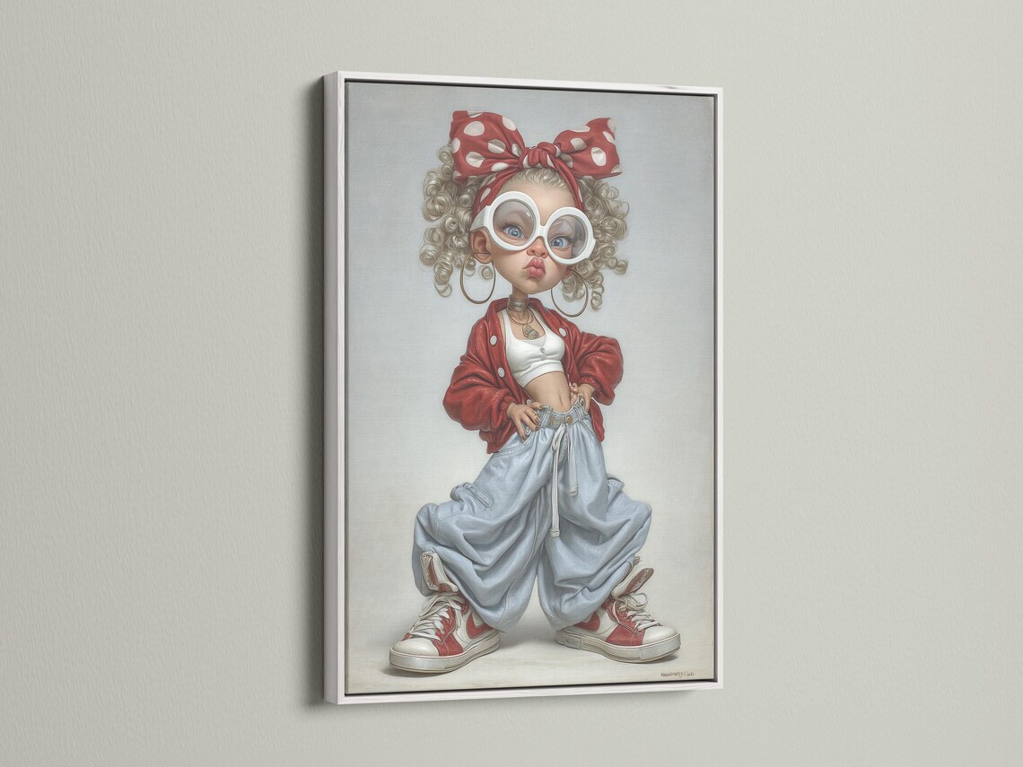 Pop art portrait of a curly-haired girl with white glasses, red bow and red jacket over denim trousers detail view