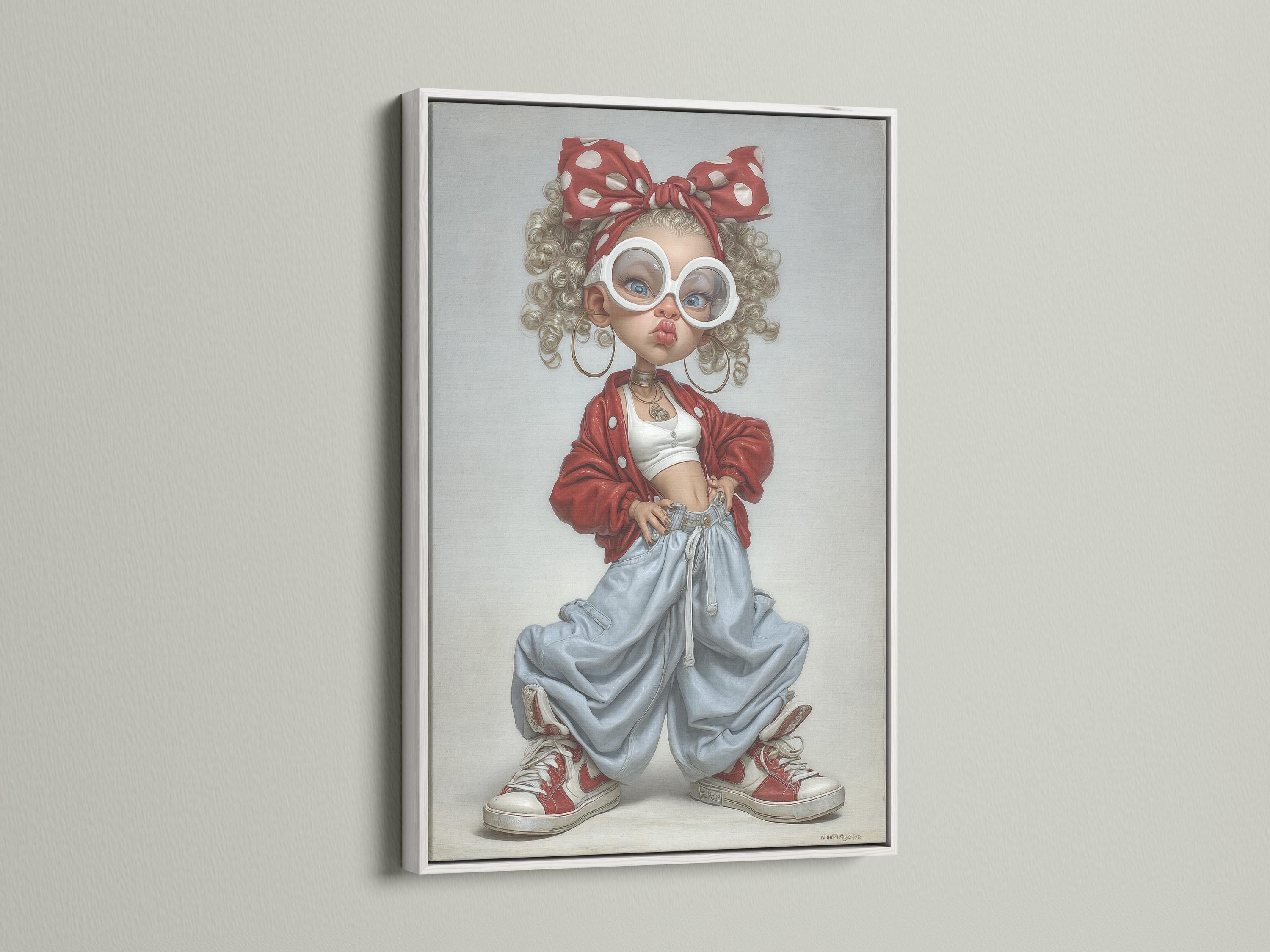 Pop art portrait of a curly-haired girl with white glasses, red bow and red jacket over denim trousers detail view